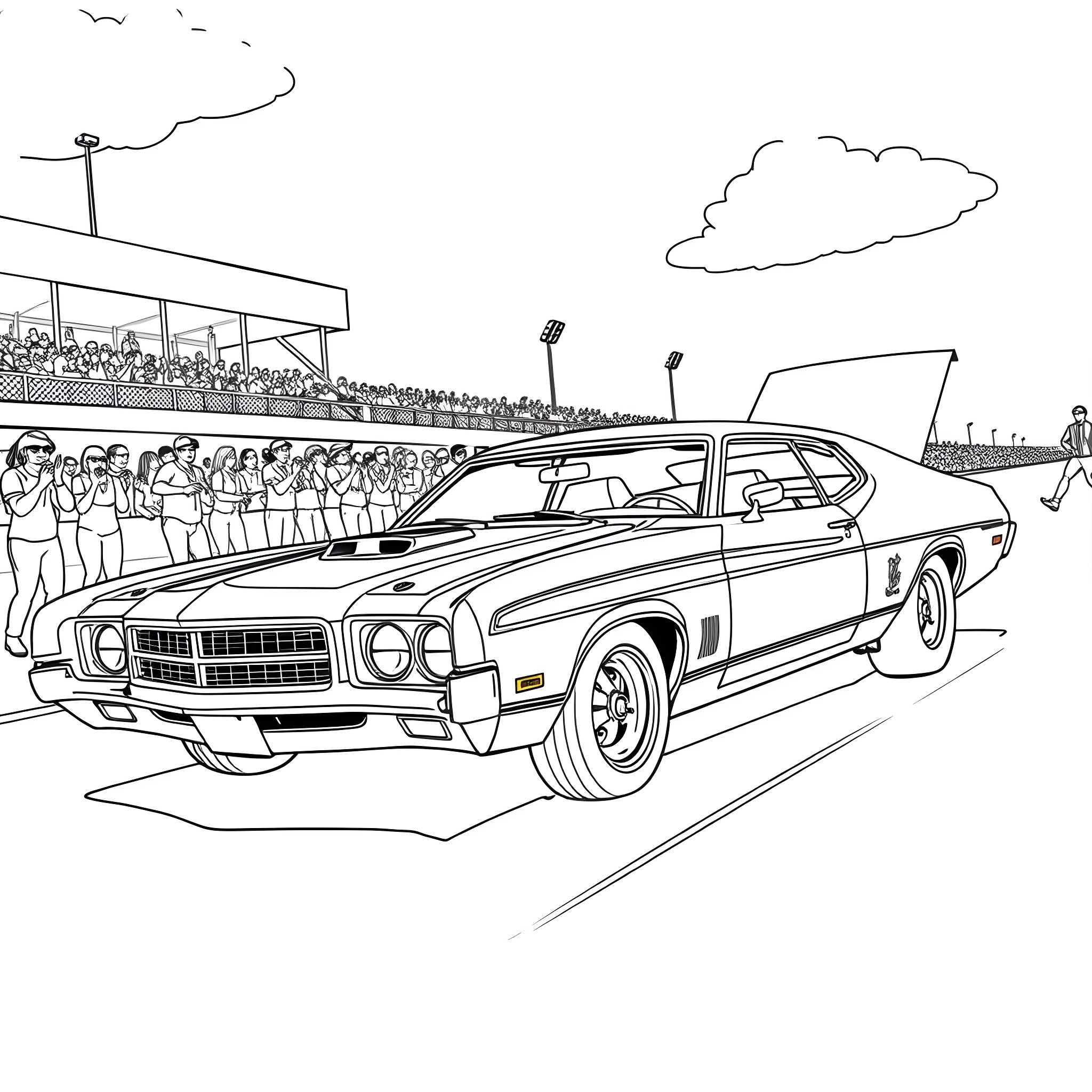 Ford Torino in a racing scene Coloring Page (free black-and-white line drawing printable PDF for all, from beginners to advanced learners, including children, teens, adults, and seniors)