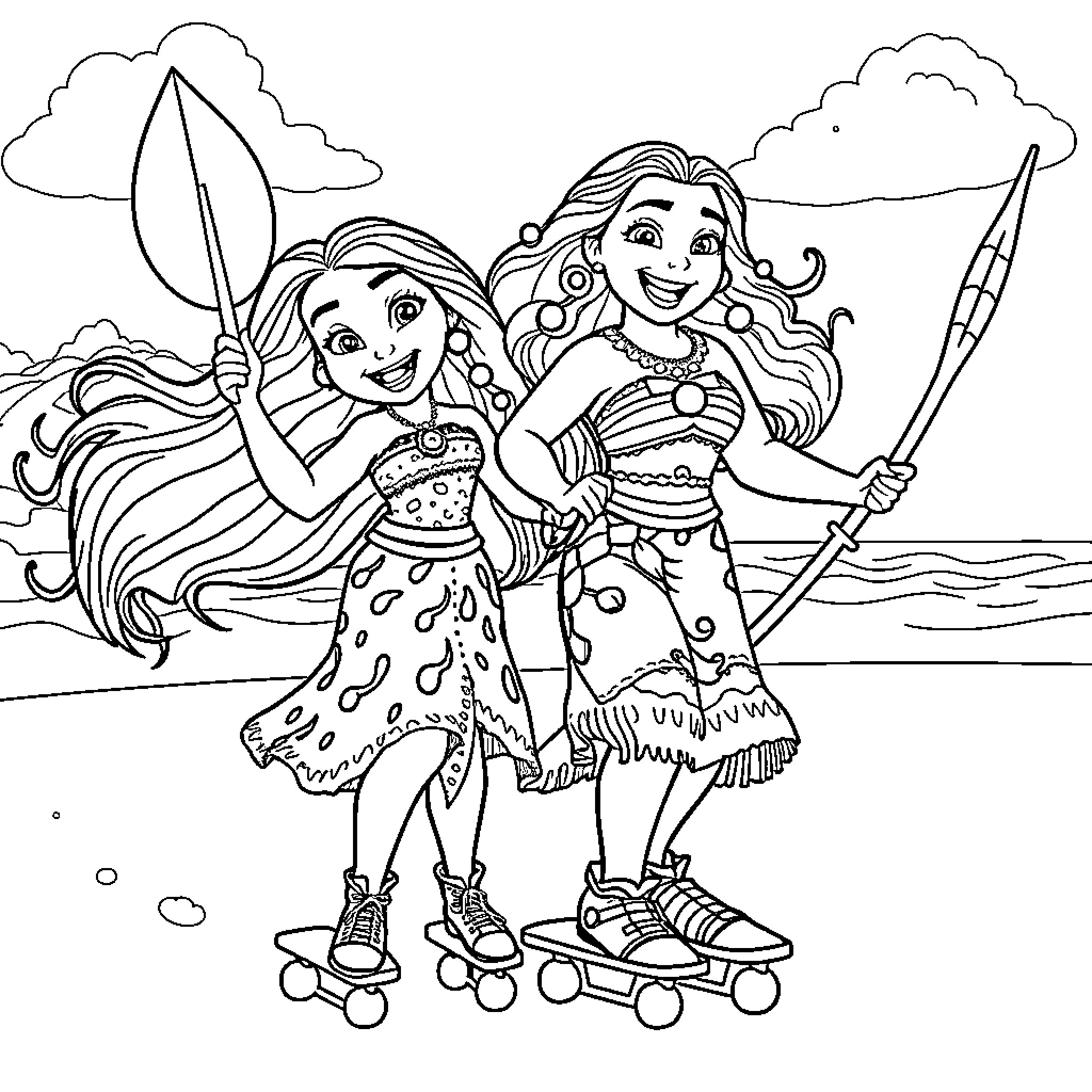 Moana and friend enjoying beach activities Coloring Page (free black-and-white line drawing printable PDF for all, from beginners to advanced learners, including children, teens, adults, and seniors)