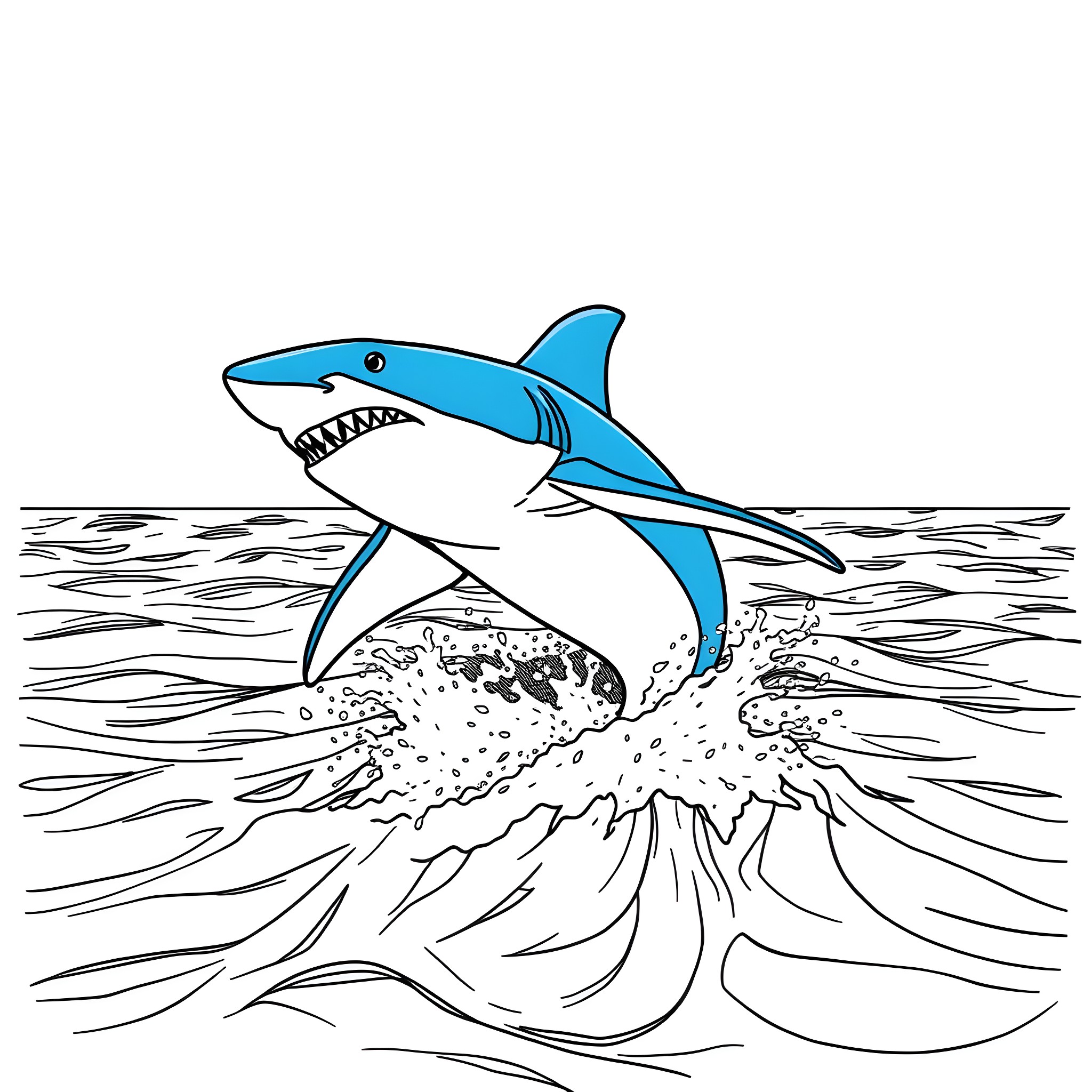 Shark jumping out of the waves Coloring Page (free black-and-white line drawing printable PDF for all, from beginners to advanced learners, including children, teens, adults, and seniors)