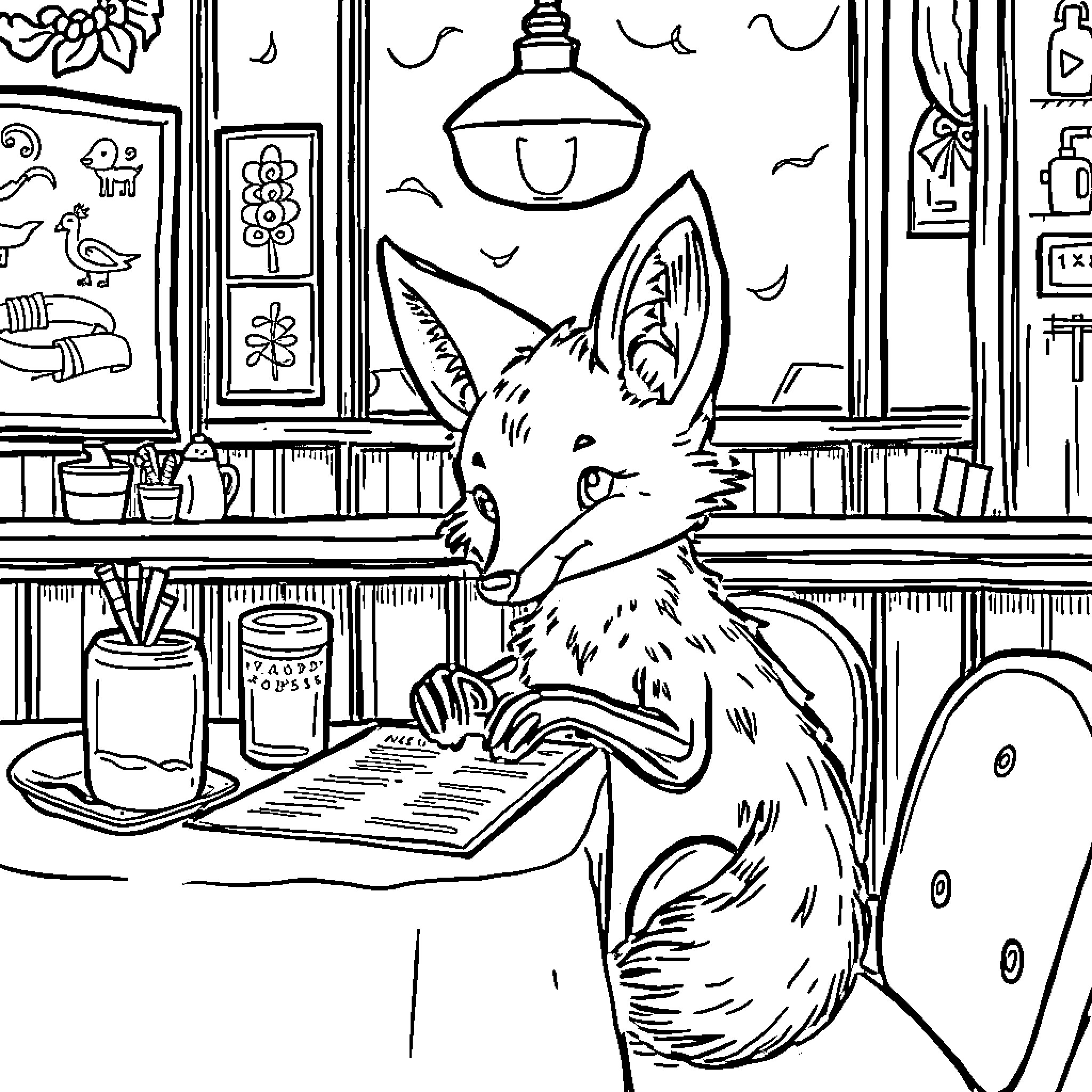 Fox reading intently in a cozy library Coloring Page (free black-and-white line drawing printable PDF for all, from beginners to advanced learners, including children, teens, adults, and seniors)