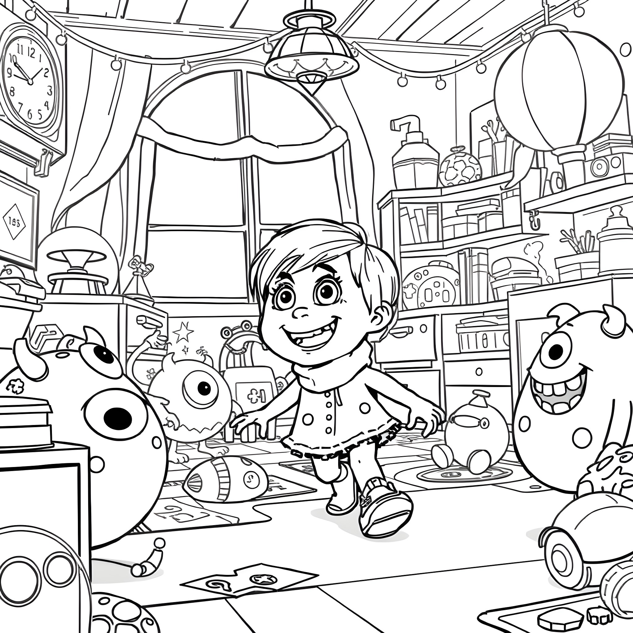 Boo's Playroom with Friendly Monsters Coloring Page (free black-and-white line drawing printable PDF for all, from beginners to advanced learners, including children, teens, adults, and seniors)