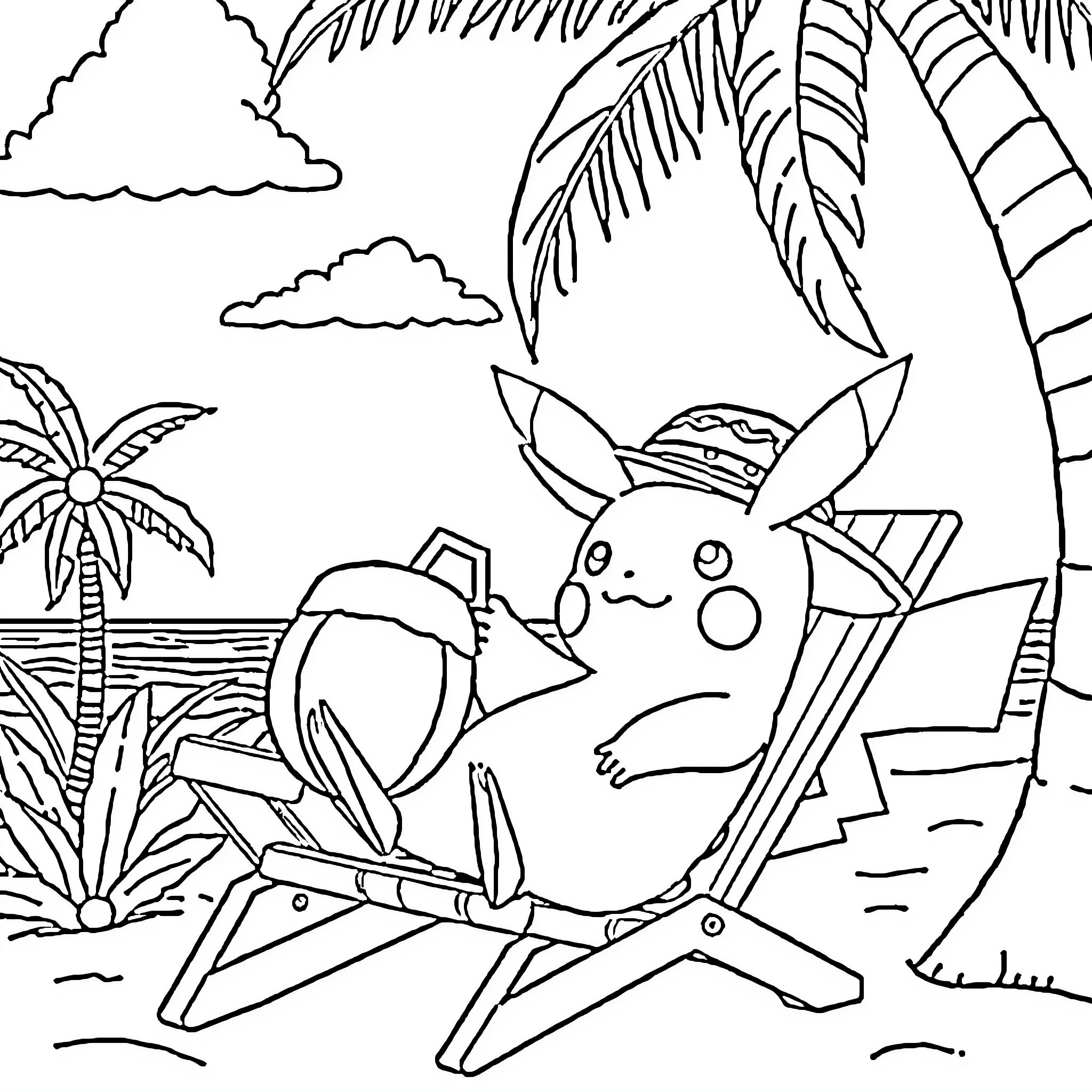 Pikachu relaxing on the beach Coloring Page (free black-and-white line drawing printable PDF for all, from beginners to advanced learners, including children, teens, adults, and seniors)