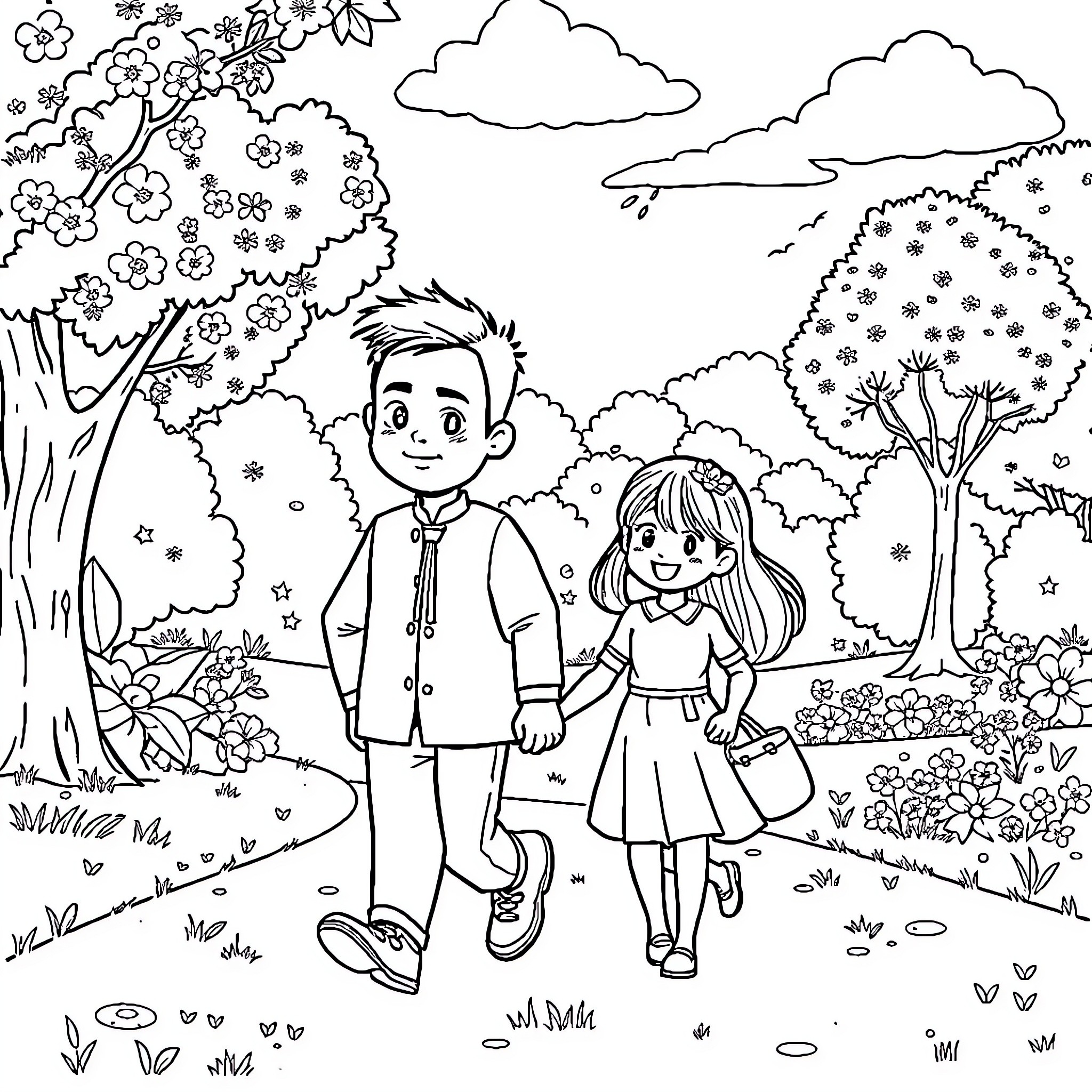 Bao's Spring Adventure with Friends Coloring Page (free black-and-white line drawing printable PDF for all, from beginners to advanced learners, including children, teens, adults, and seniors)