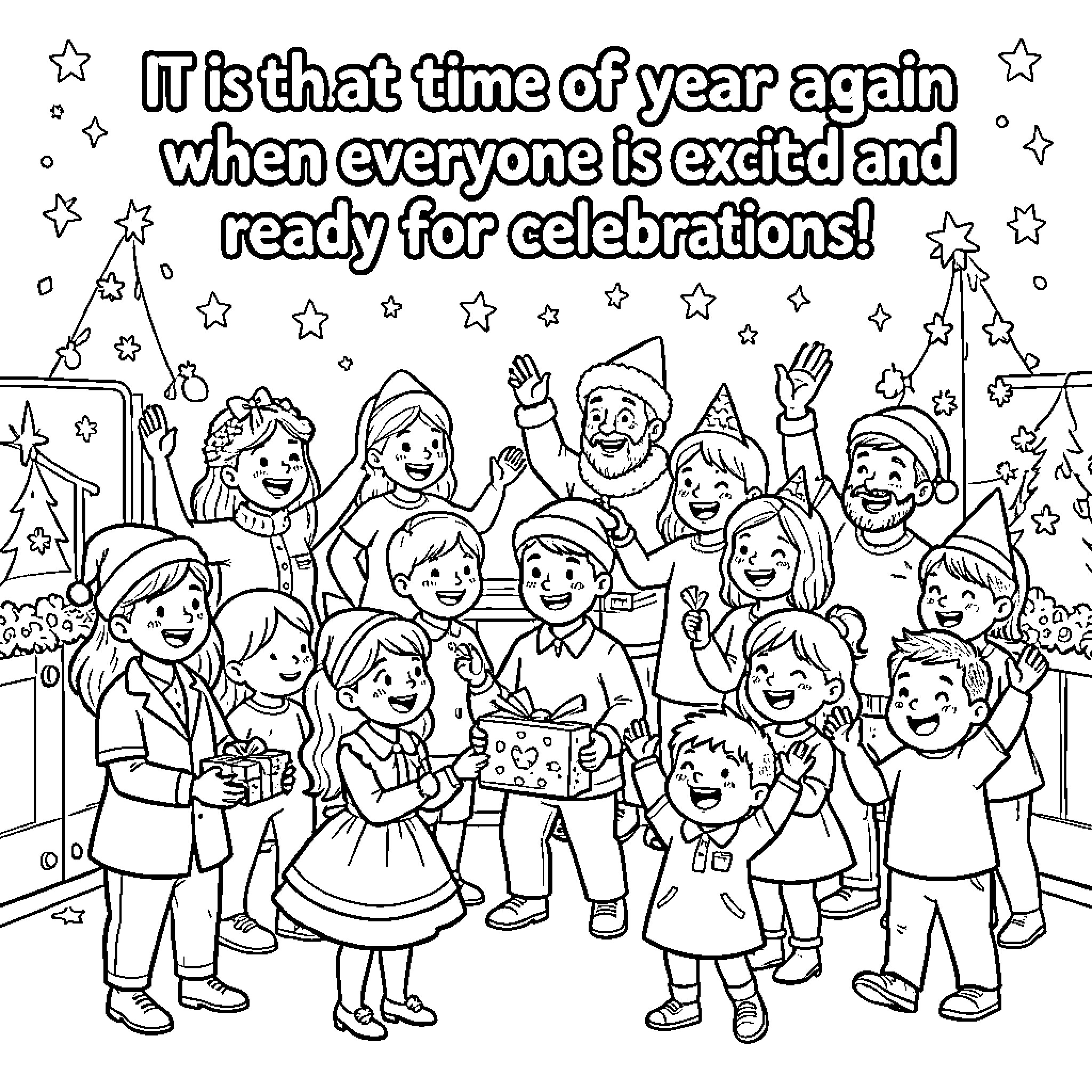 Time for a joyful group celebration with gifts Coloring Page (free black-and-white line drawing printable PDF for all, from beginners to advanced learners, including children, teens, adults, and seniors)