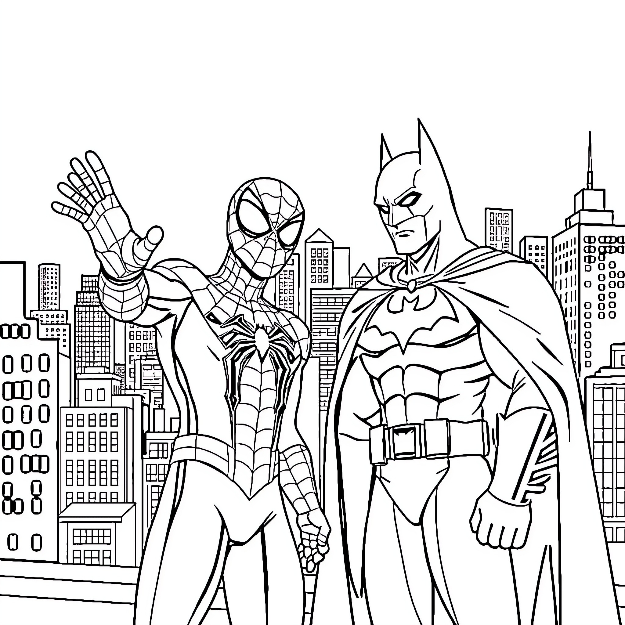 Spiderman and Batman team up to protect the city Coloring Page (free black-and-white line drawing printable PDF for all, from beginners to advanced learners, including children, teens, adults, and seniors)