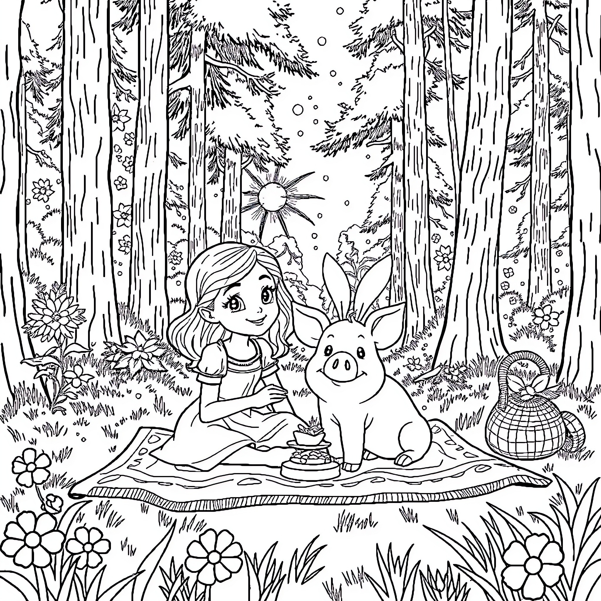 Eloise's Magical Forest Adventure Coloring Page (free black-and-white line drawing printable PDF for all, from beginners to advanced learners, including children, teens, adults, and seniors)