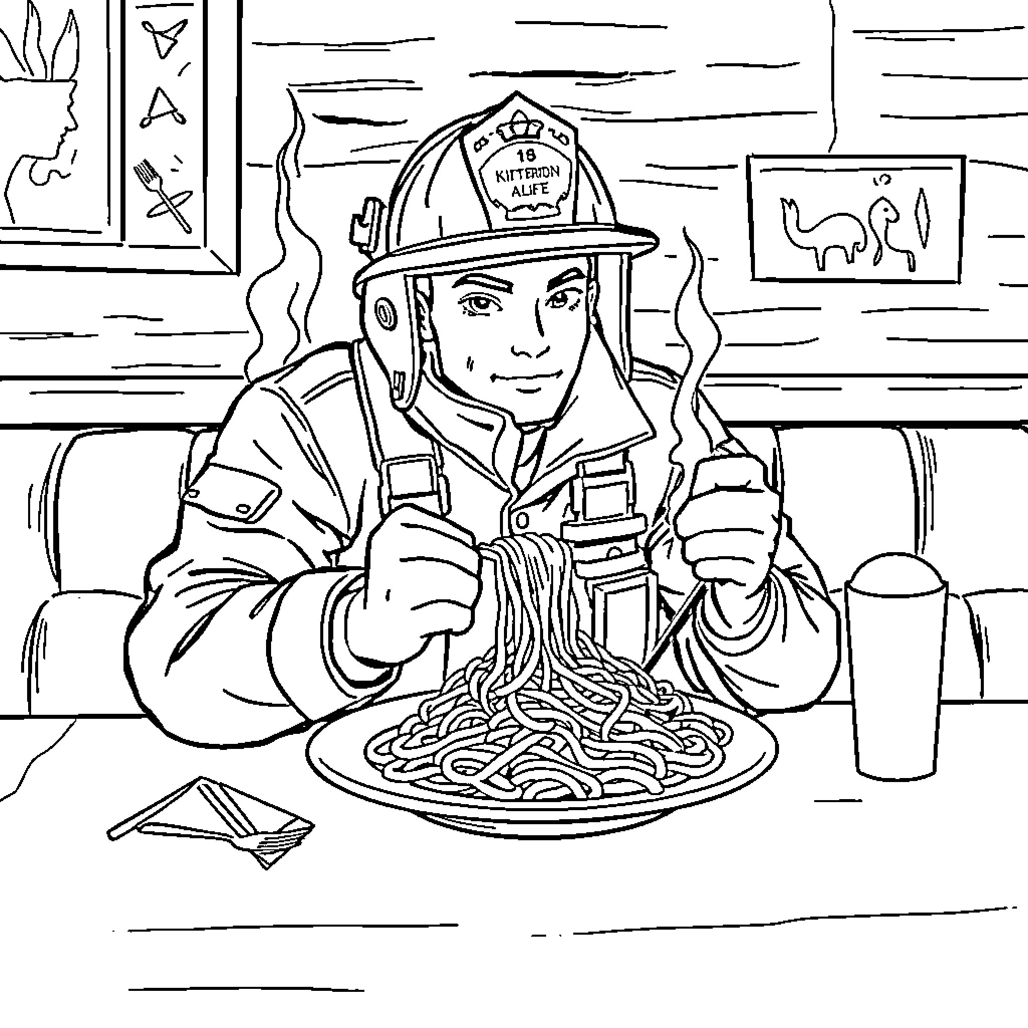 Firefighter enjoying a hearty meal after a long shift Coloring Page (free black-and-white line drawing printable PDF for all, from beginners to advanced learners, including children, teens, adults, and seniors)