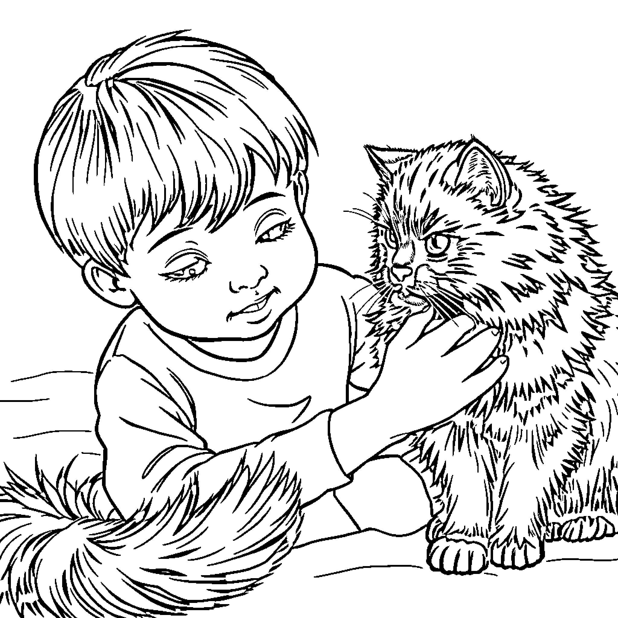 Child playing with furry kitten Coloring Page (free black-and-white line drawing printable PDF for all, from beginners to advanced learners, including children, teens, adults, and seniors)