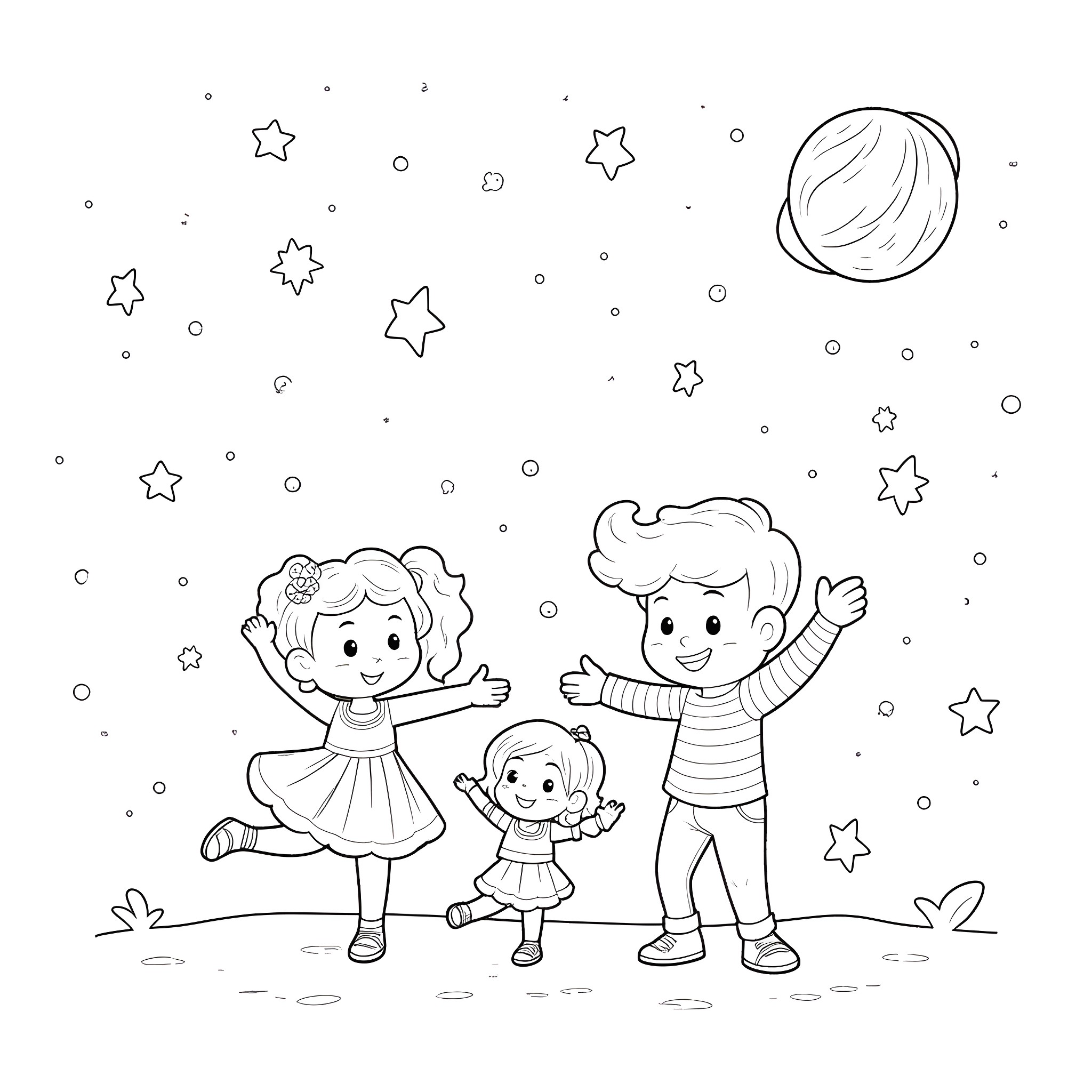 Bluey and friends exploring the starry night Coloring Page (free black-and-white line drawing printable PDF for all, from beginners to advanced learners, including children, teens, adults, and seniors)