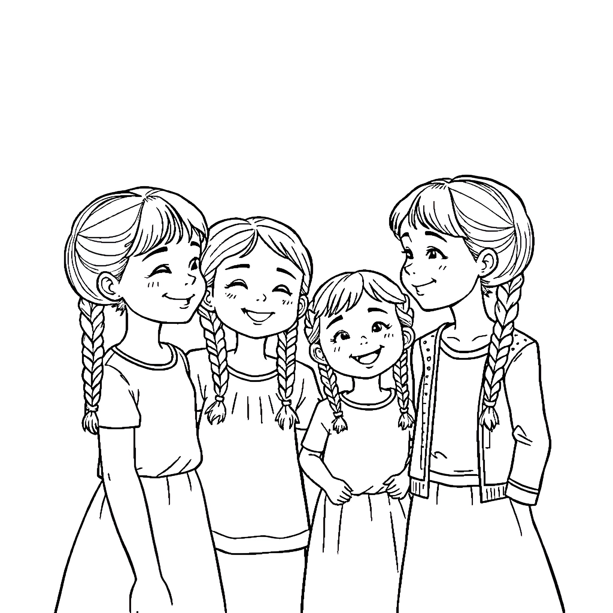 Sister friends playing together happily Coloring Page (free black-and-white line drawing printable PDF for all, from beginners to advanced learners, including children, teens, adults, and seniors)