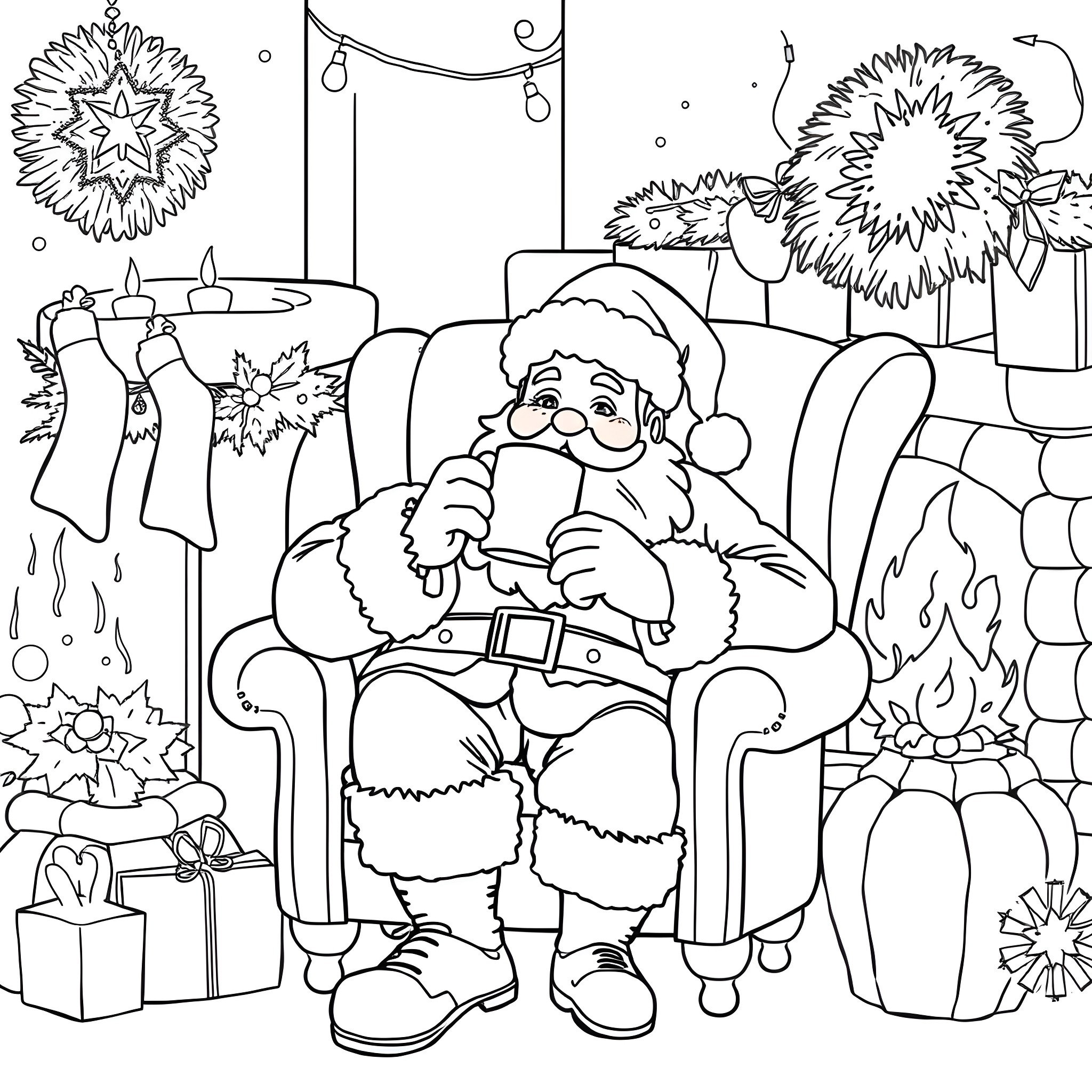 Santa relaxing by the fireplace on Christmas Eve Coloring Page (free black-and-white line drawing printable PDF for all, from beginners to advanced learners, including children, teens, adults, and seniors)