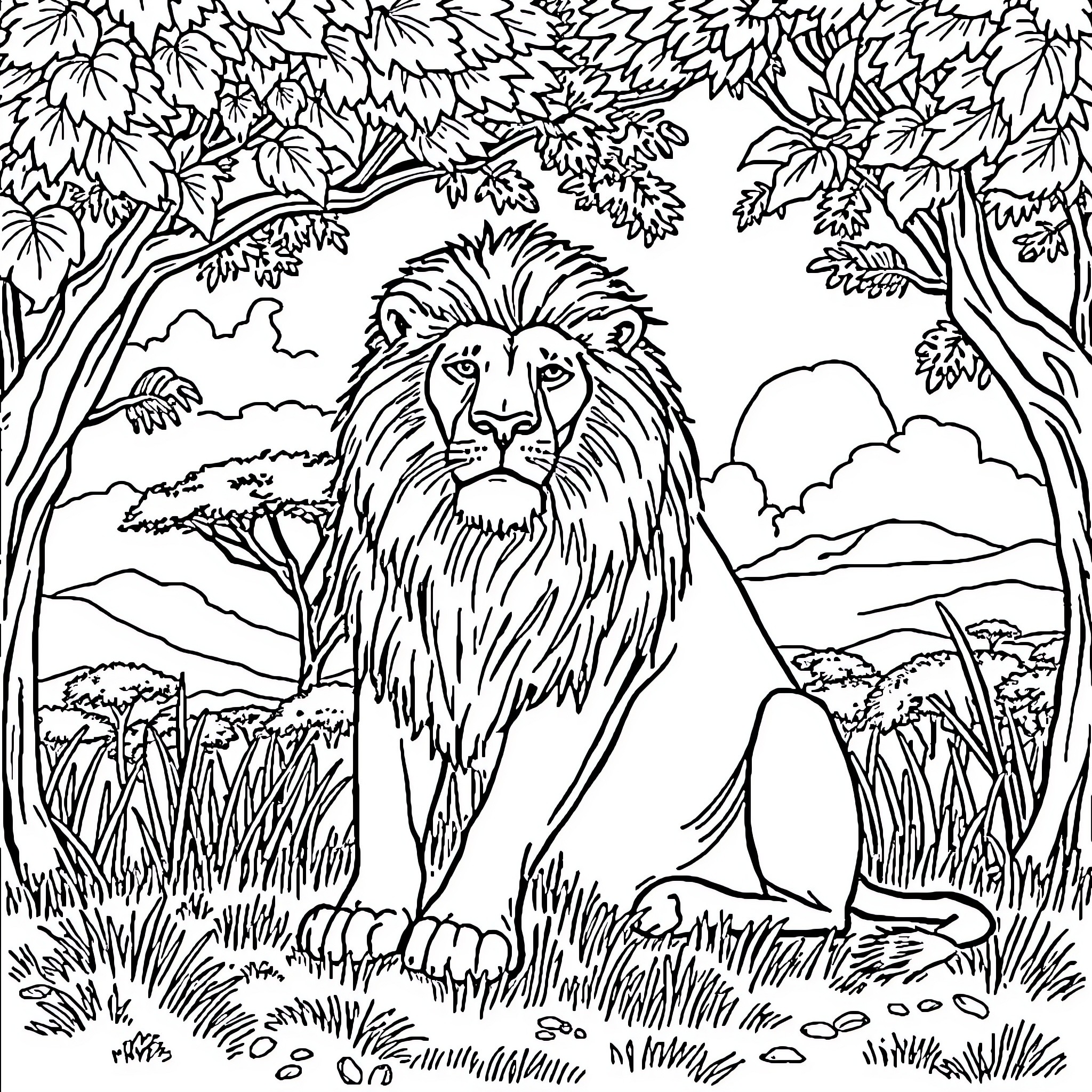 Lion resting in lush jungle landscape Coloring Page (free black-and-white line drawing printable PDF for all, from beginners to advanced learners, including children, teens, adults, and seniors)