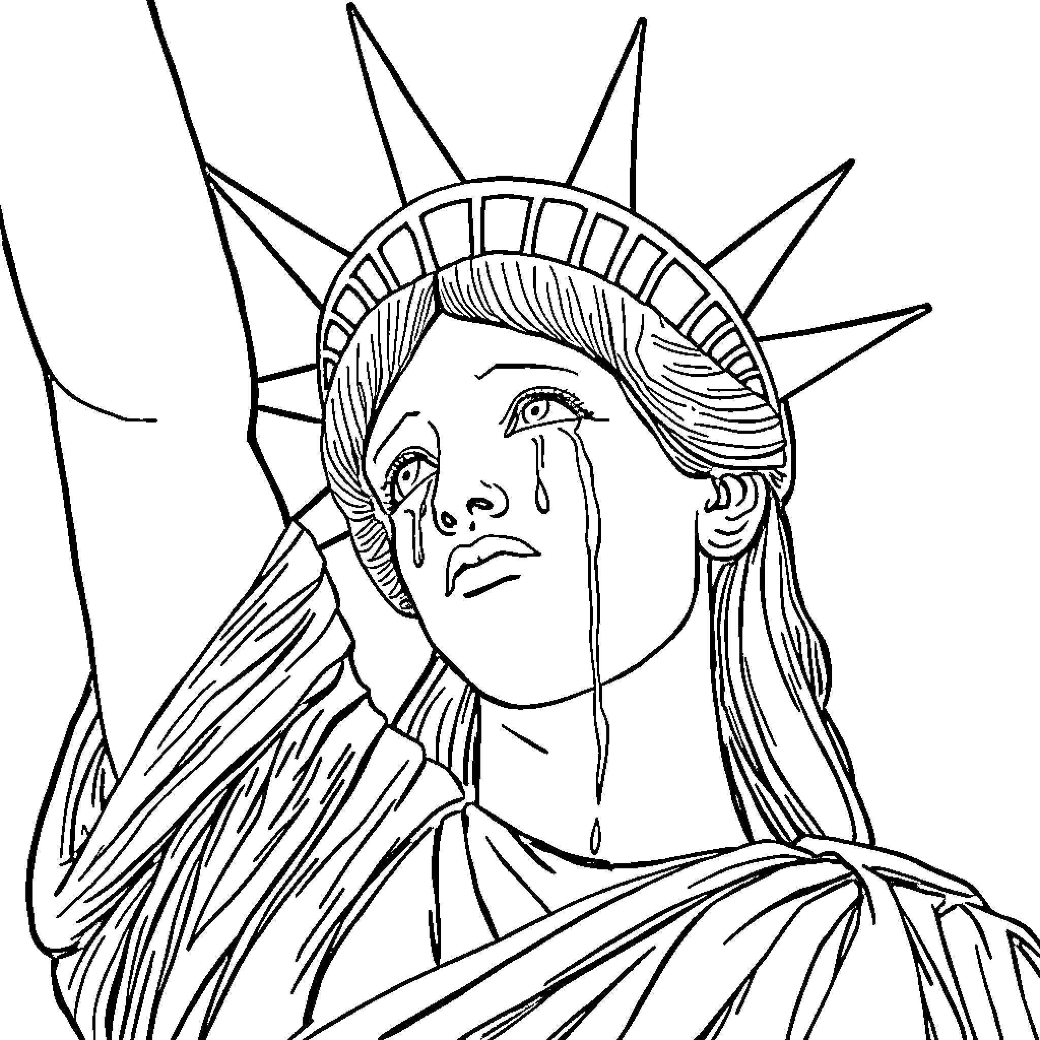 Statue Of Liberty weeping in distress Coloring Page (free black-and-white line drawing printable PDF for all, from beginners to advanced learners, including children, teens, adults, and seniors)