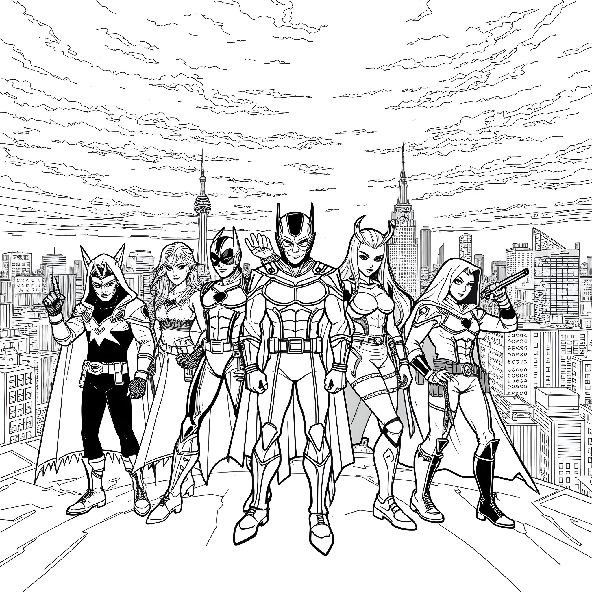 Vanoss Crew Superheroes Saving the City Coloring Page (free black-and-white line drawing printable PDF for all, from beginners to advanced learners, including children, teens, adults, and seniors)