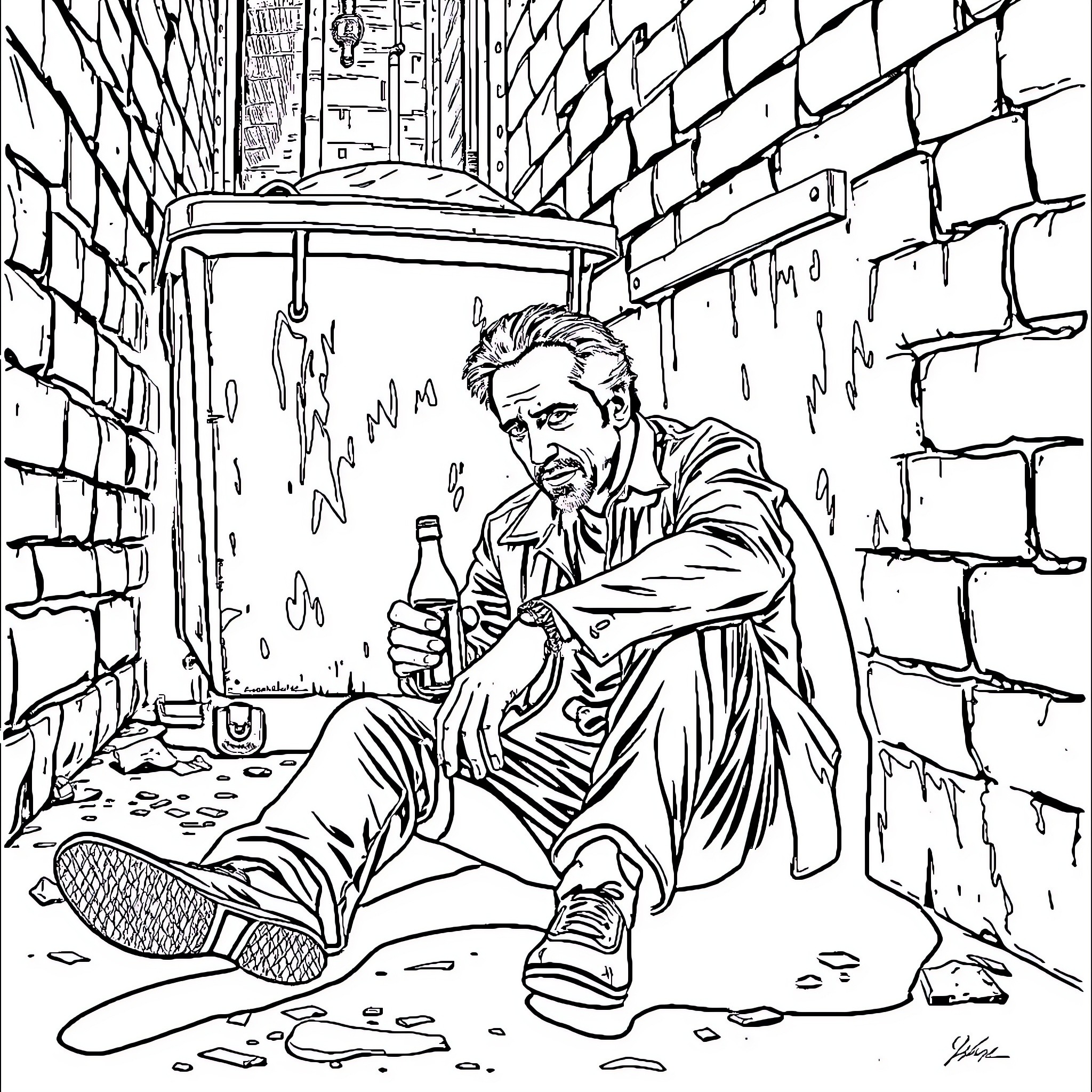 Nicholas Cage depicted in a gritty, urban setting Coloring Page (free black-and-white line drawing printable PDF for all, from beginners to advanced learners, including children, teens, adults, and seniors)