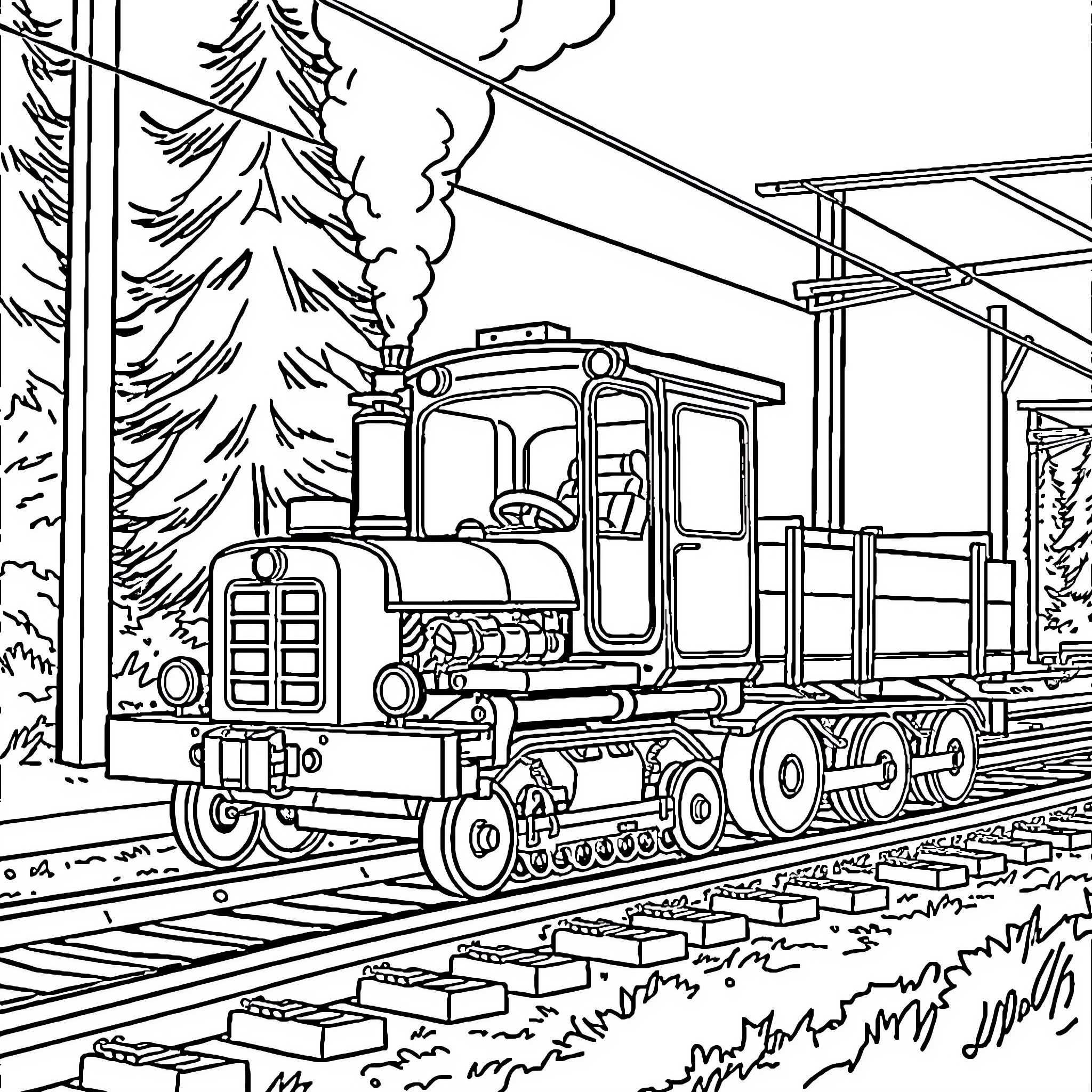 Tractor transporting cargo through snowy forest landscape Coloring Page (free black-and-white line drawing printable PDF for all, from beginners to advanced learners, including children, teens, adults, and seniors)