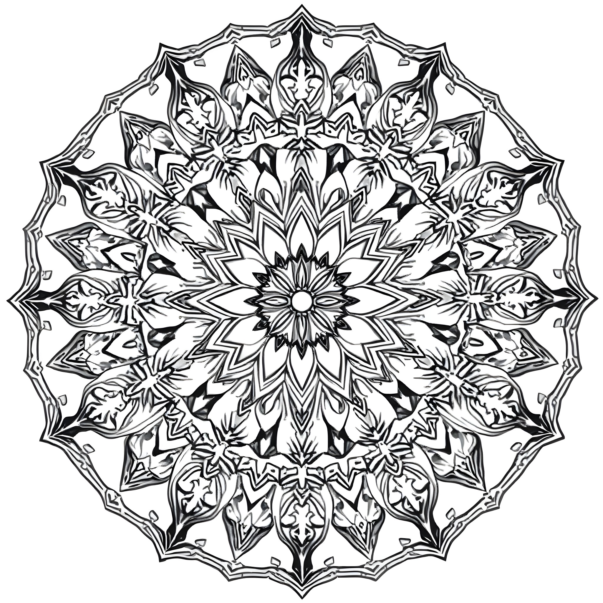 Mandala with intricate floral patterns and symmetrical design Coloring Page (free black-and-white line drawing printable PDF for all, from beginners to advanced learners, including children, teens, adults, and seniors)