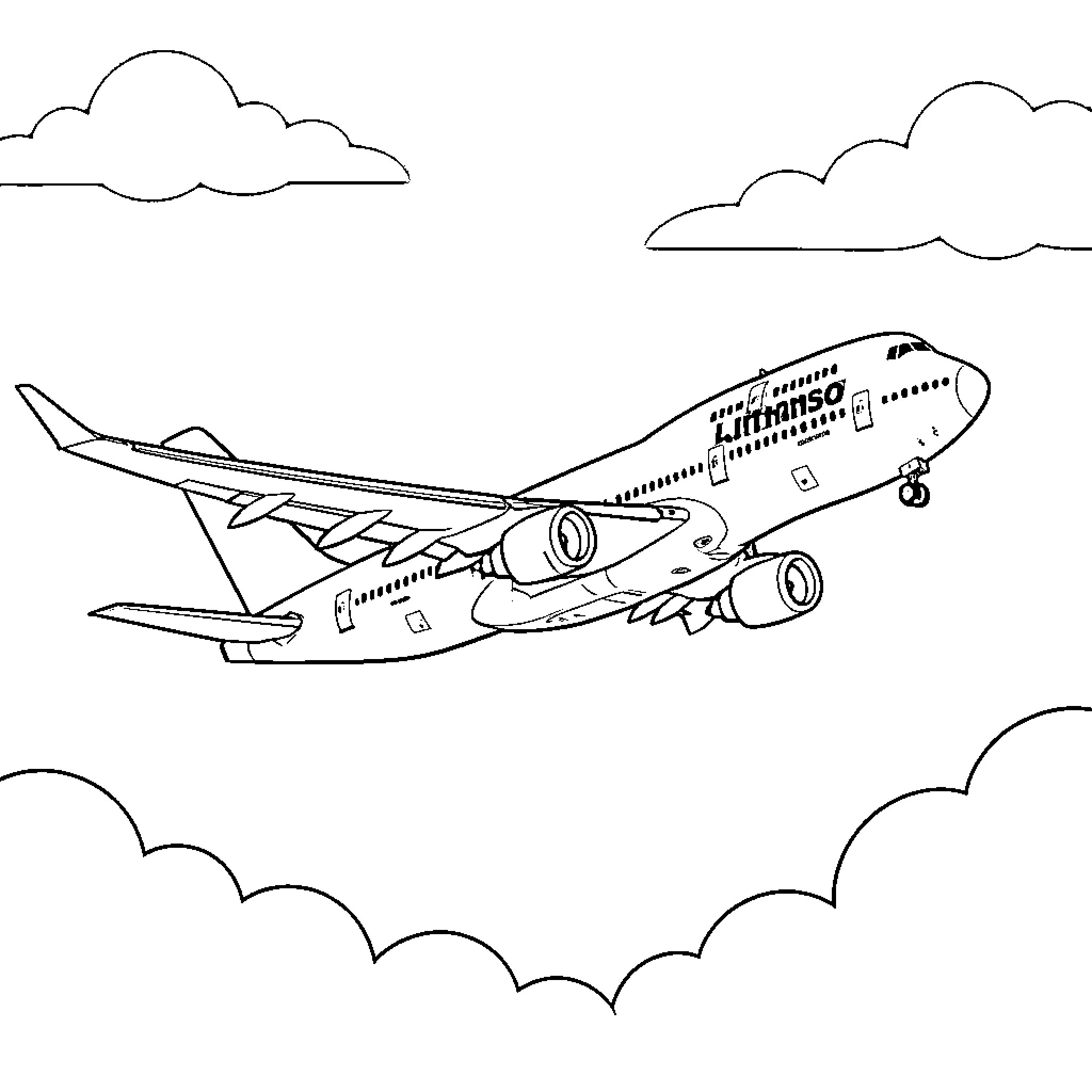 Airbus aircraft soaring through clouds Coloring Page (free black-and-white line drawing printable PDF for all, from beginners to advanced learners, including children, teens, adults, and seniors)