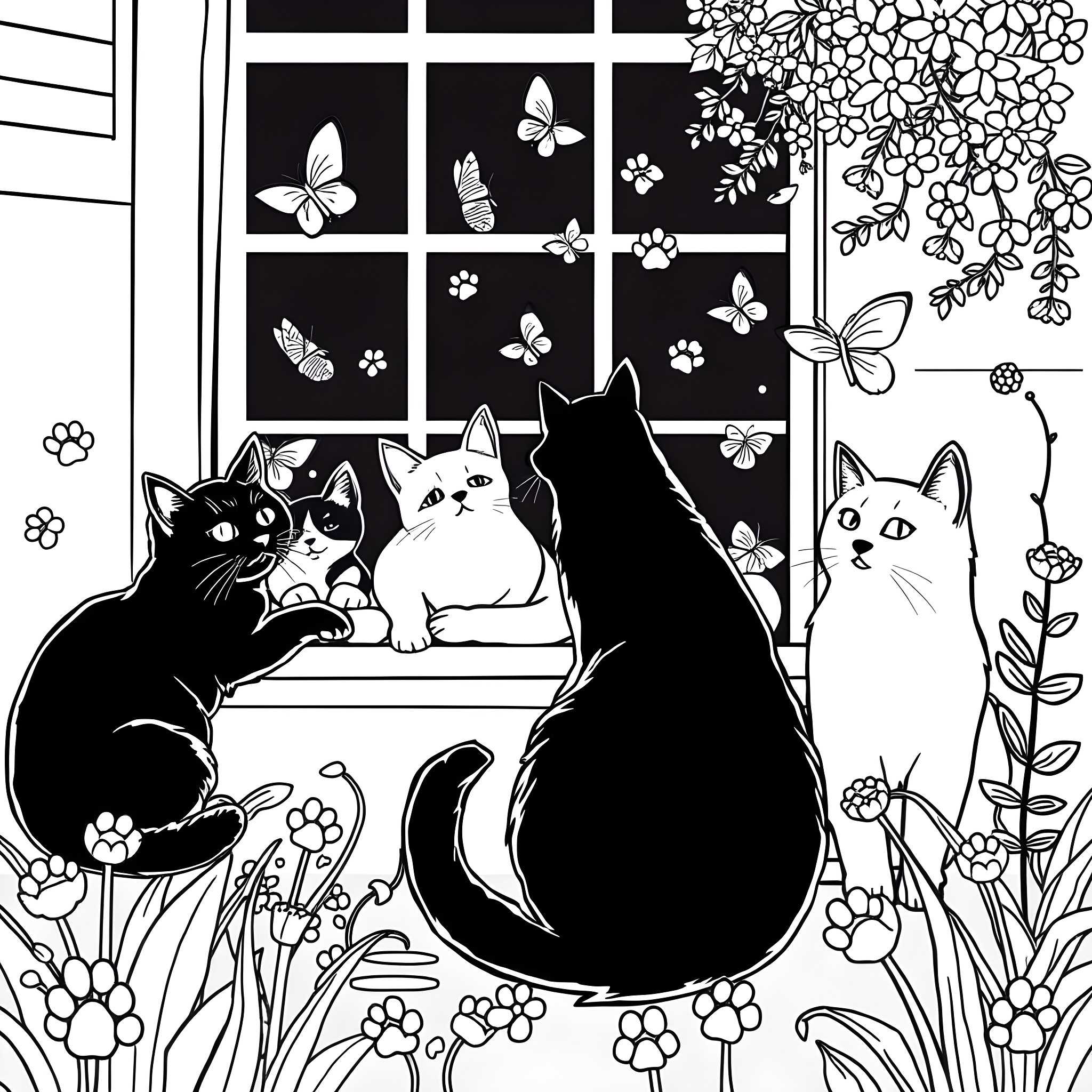 Cats and butterflies in the garden Coloring Page (free black-and-white line drawing printable PDF for all, from beginners to advanced learners, including children, teens, adults, and seniors)