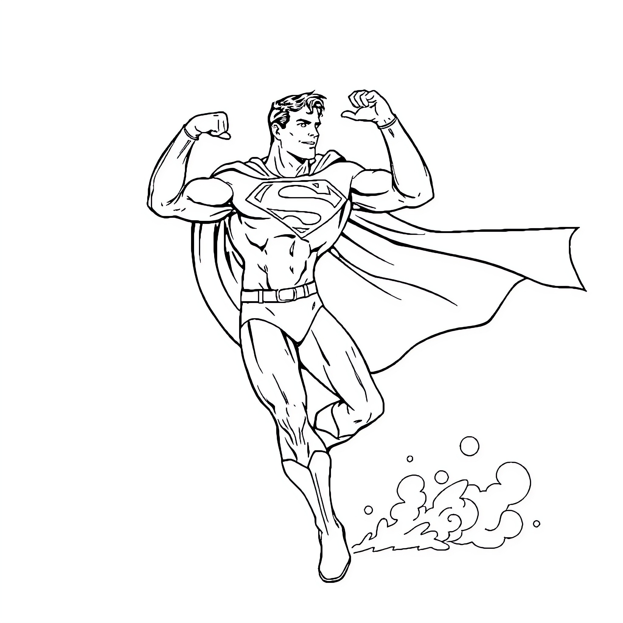 Superman in heroic action pose Coloring Page (free black-and-white line drawing printable PDF for all, from beginners to advanced learners, including children, teens, adults, and seniors)