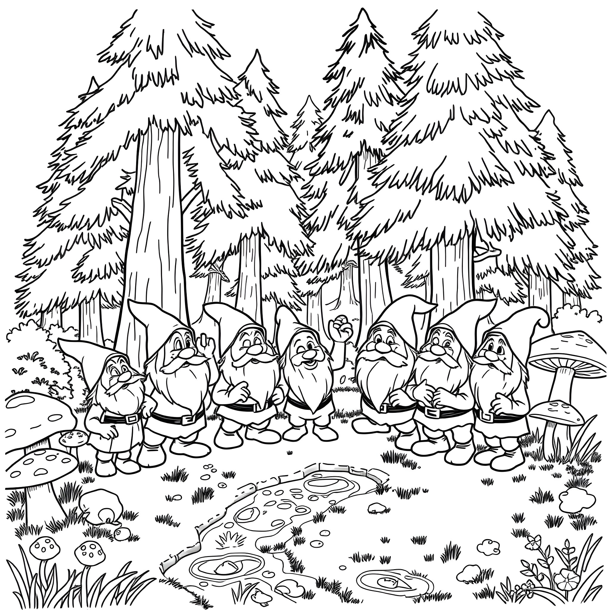 Dwarf gnomes having a gathering in the enchanted forest Coloring Page (free black-and-white line drawing printable PDF for all, from beginners to advanced learners, including children, teens, adults, and seniors)