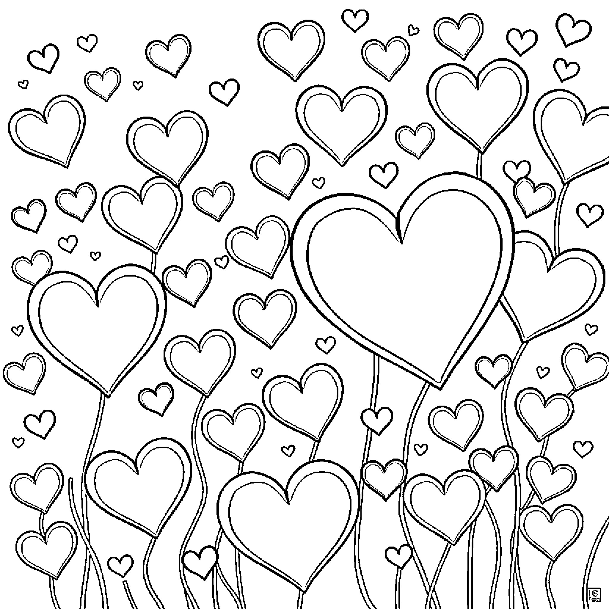 Heart-Shaped Symbols in Whimsical Design Coloring Page (free black-and-white line drawing printable PDF for all, from beginners to advanced learners, including children, teens, adults, and seniors)