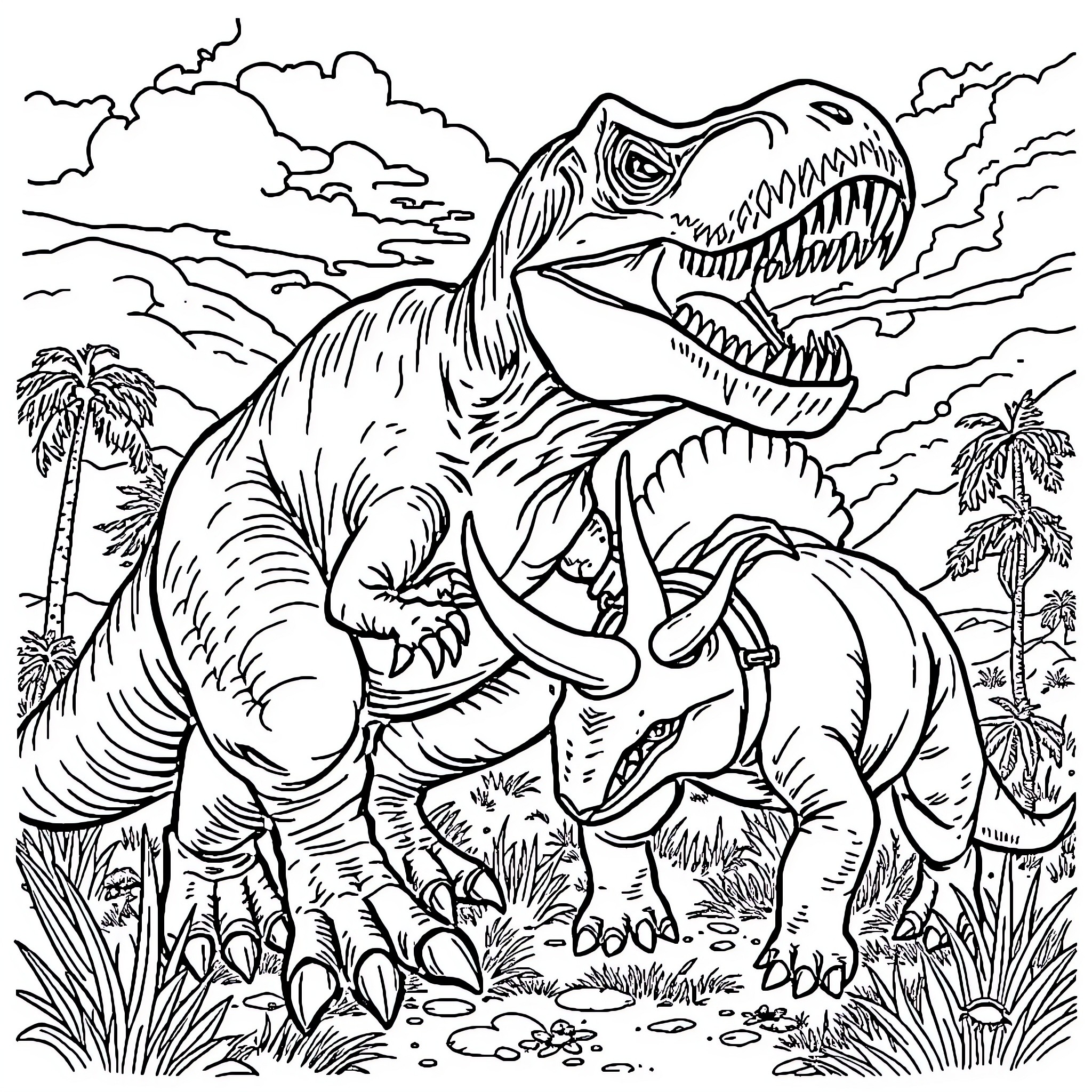 Dinosaurs roaming the prehistoric landscape Coloring Page (free black-and-white line drawing printable PDF for all, from beginners to advanced learners, including children, teens, adults, and seniors)