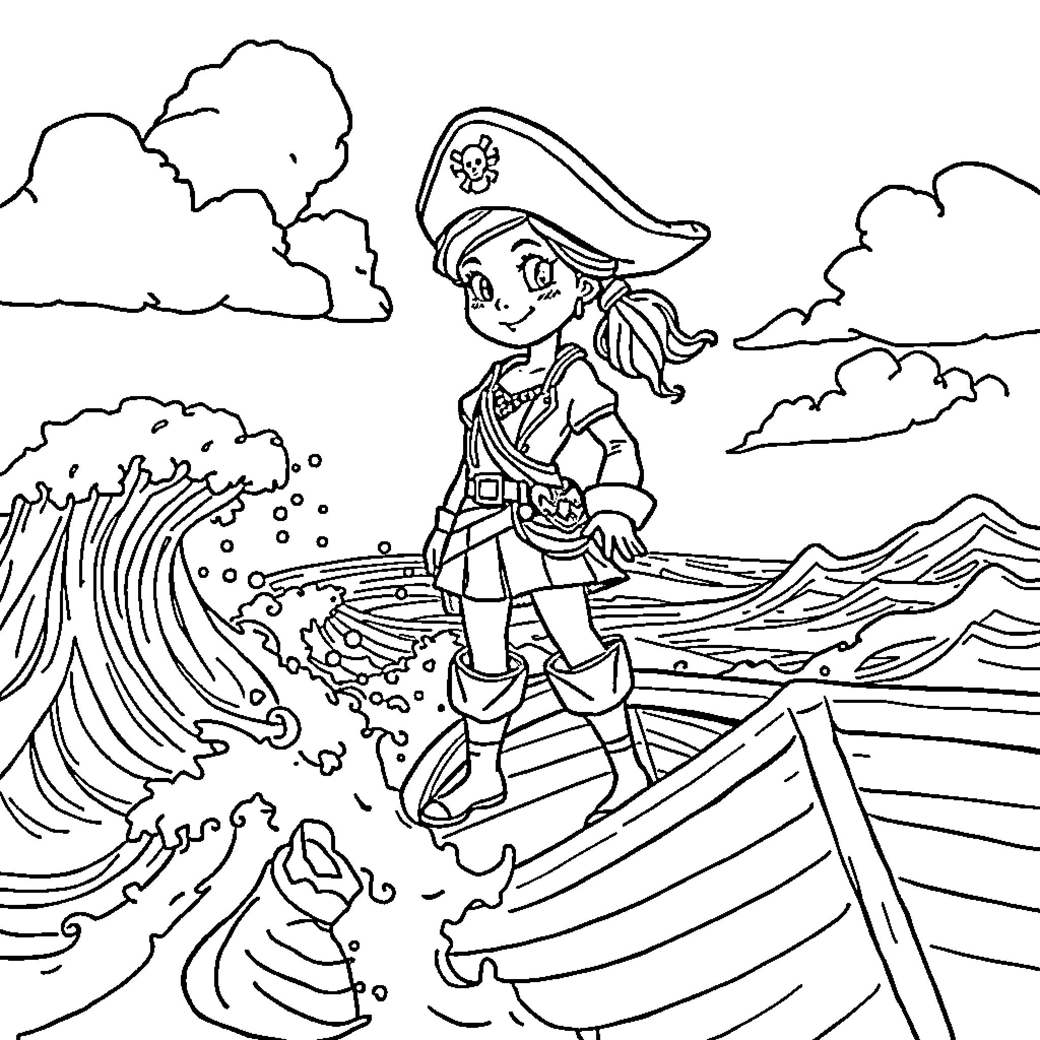 Pirate Girl Exploring the High Seas Coloring Page (free black-and-white line drawing printable PDF for all, from beginners to advanced learners, including children, teens, adults, and seniors)