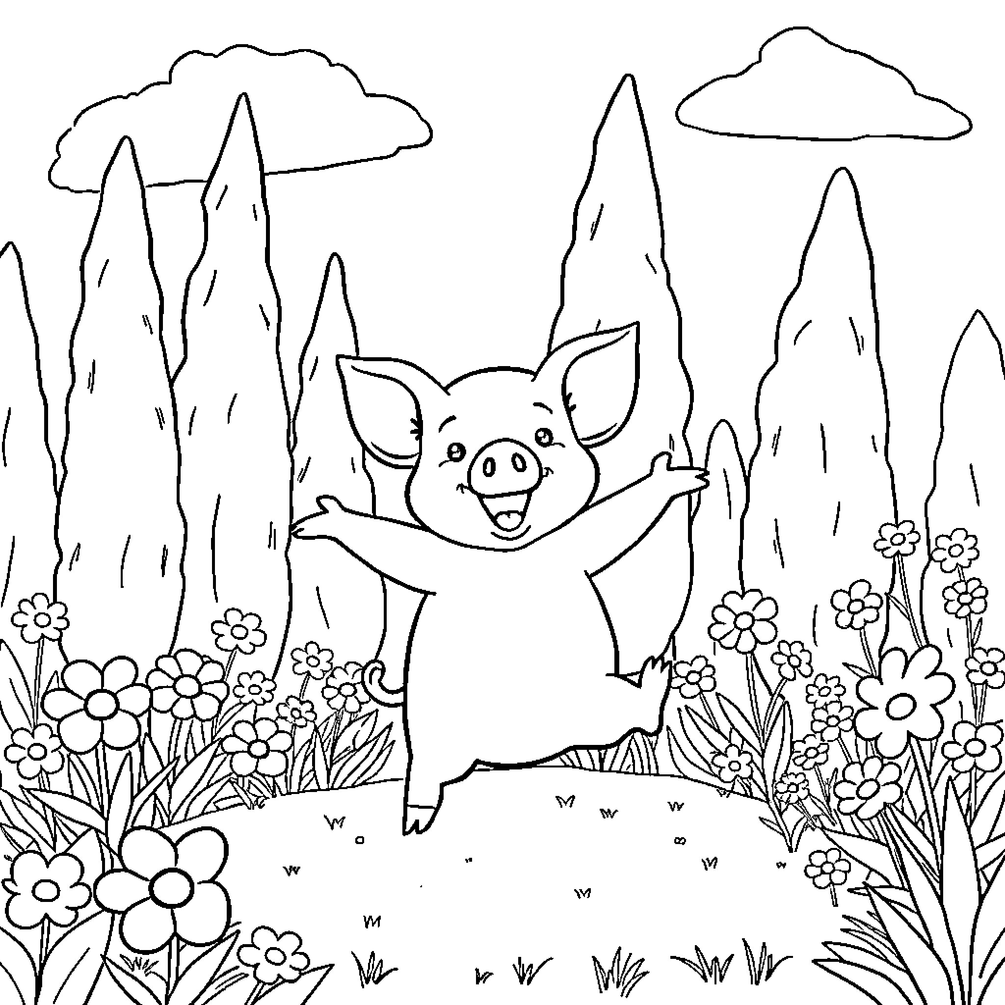 Pig enjoying the outdoors with flowers Coloring Page (free black-and-white line drawing printable PDF for all, from beginners to advanced learners, including children, teens, adults, and seniors)
