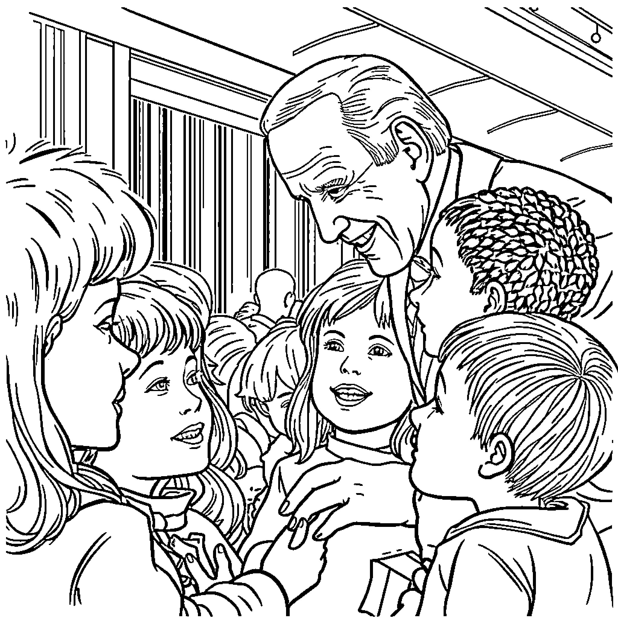 Joe Biden with Family in Front of Decorated Home Coloring Page (free black-and-white line drawing printable PDF for all, from beginners to advanced learners, including children, teens, adults, and seniors)