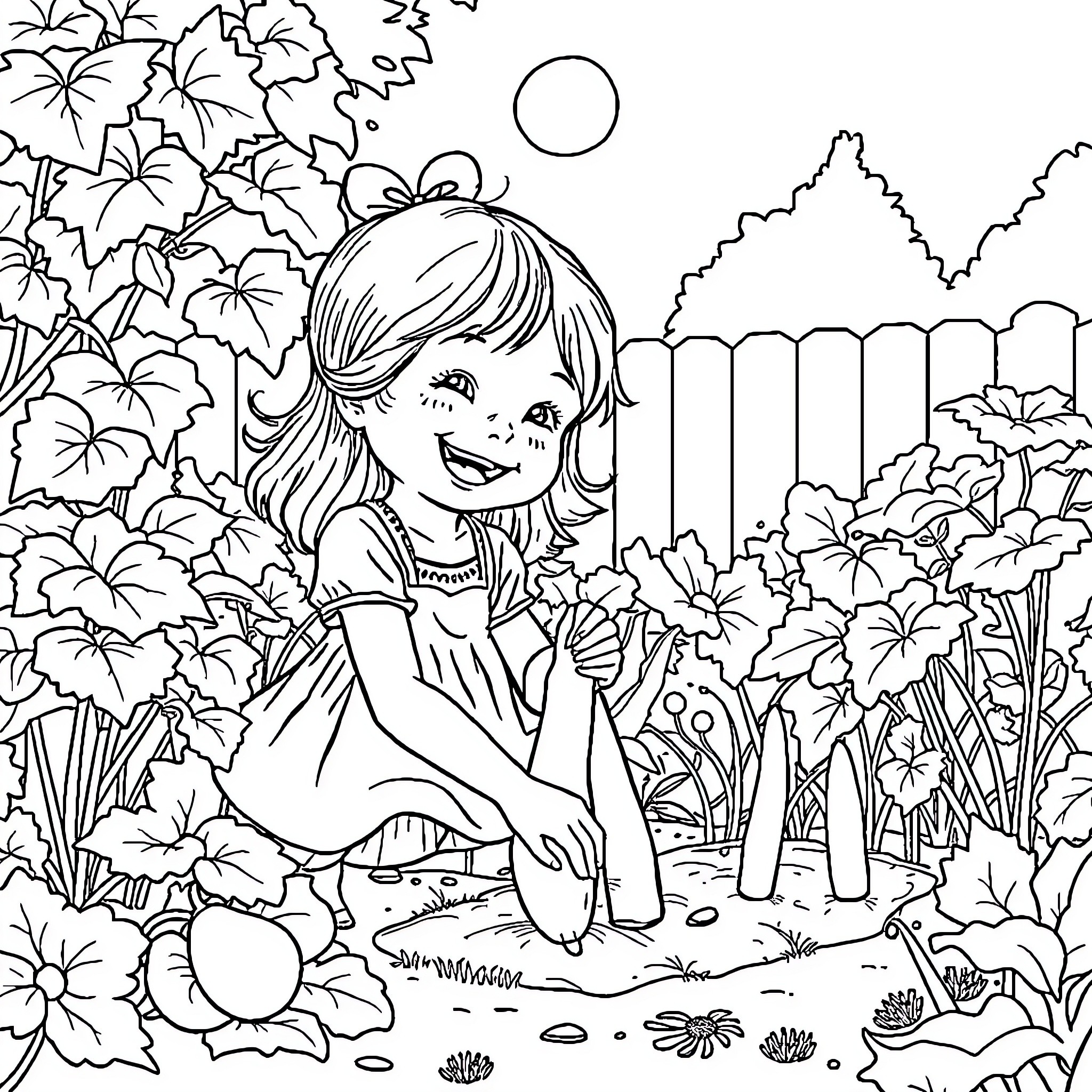 Fille Exploring the Enchanting Garden Coloring Page (free black-and-white line drawing printable PDF for all, from beginners to advanced learners, including children, teens, adults, and seniors)