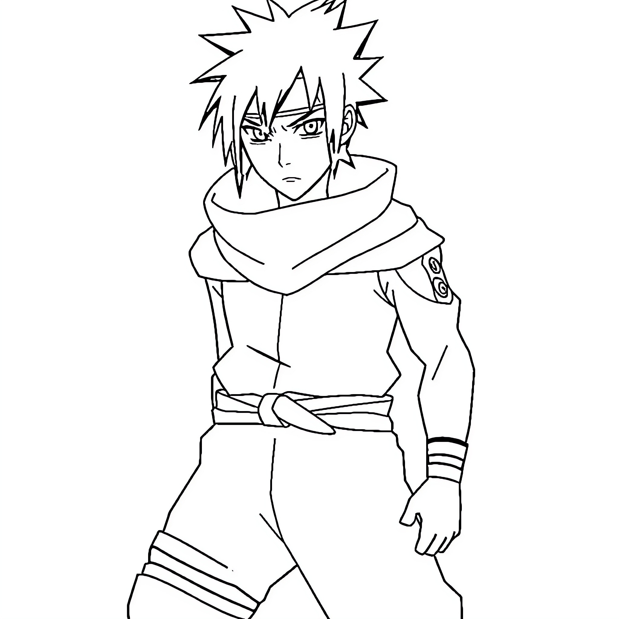 Sasuke in Fierce Ninja Attire Coloring Page (free black-and-white line drawing printable PDF for all, from beginners to advanced learners, including children, teens, adults, and seniors)