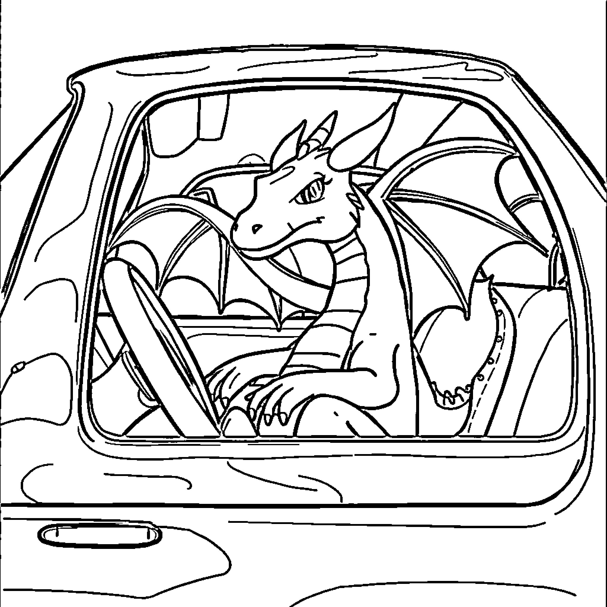 Dragon riding in a car Coloring Page (free black-and-white line drawing printable PDF for all, from beginners to advanced learners, including children, teens, adults, and seniors)