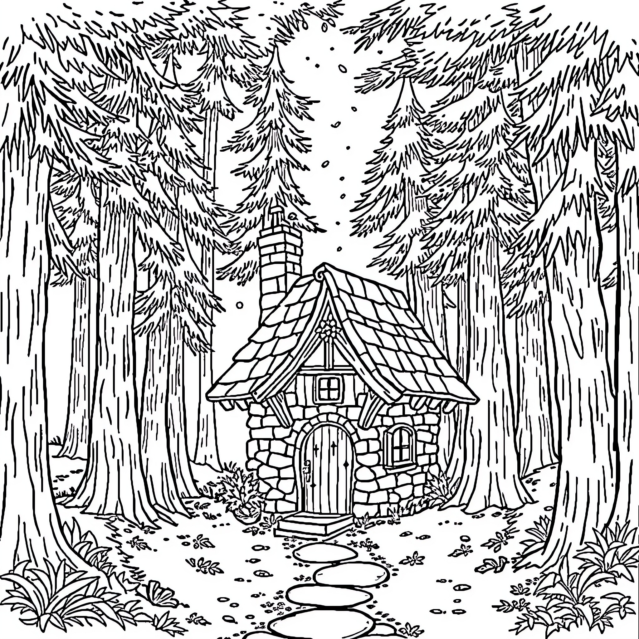Cottage in the Snowy Forest Coloring Page (free black-and-white line drawing printable PDF for all, from beginners to advanced learners, including children, teens, adults, and seniors)