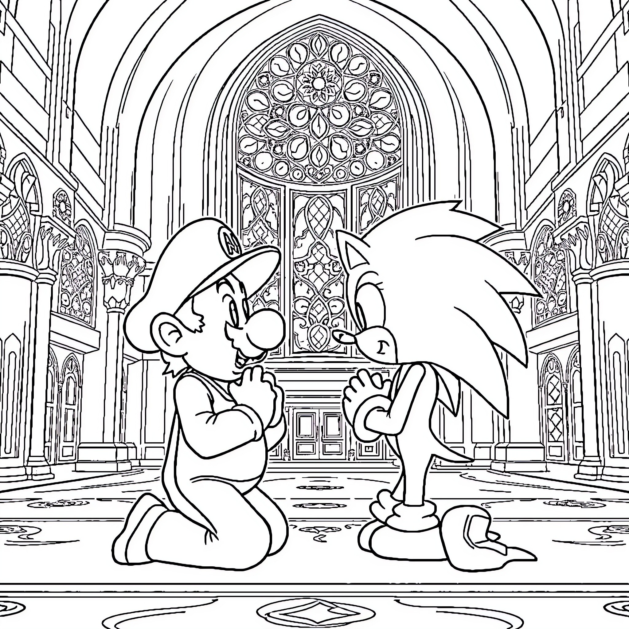 Mario and Sonic exploring an ornate cathedral Coloring Page (free black-and-white line drawing printable PDF for all, from beginners to advanced learners, including children, teens, adults, and seniors)