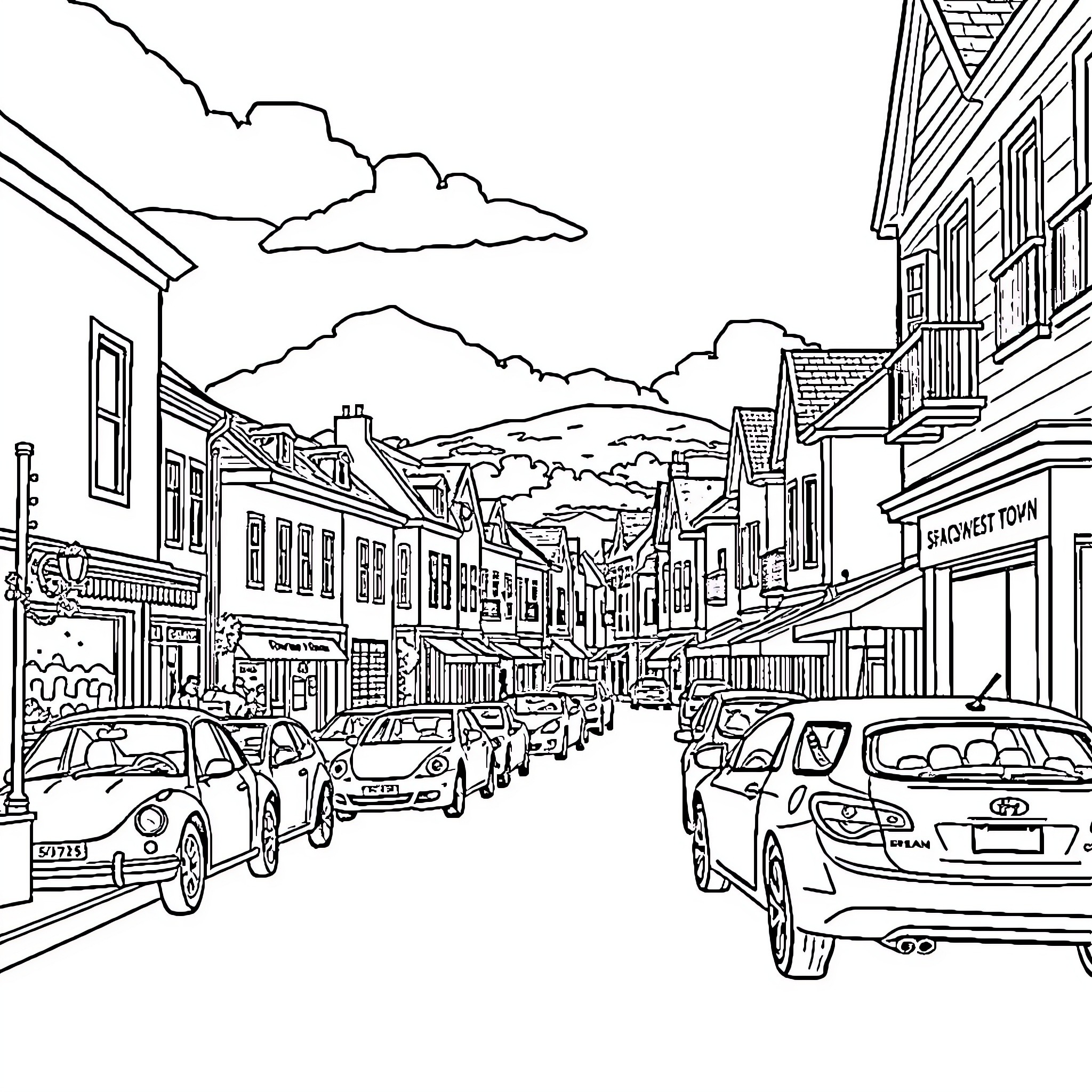 Town with Bustling Street and Buildings Coloring Page (free black-and-white line drawing printable PDF for all, from beginners to advanced learners, including children, teens, adults, and seniors)