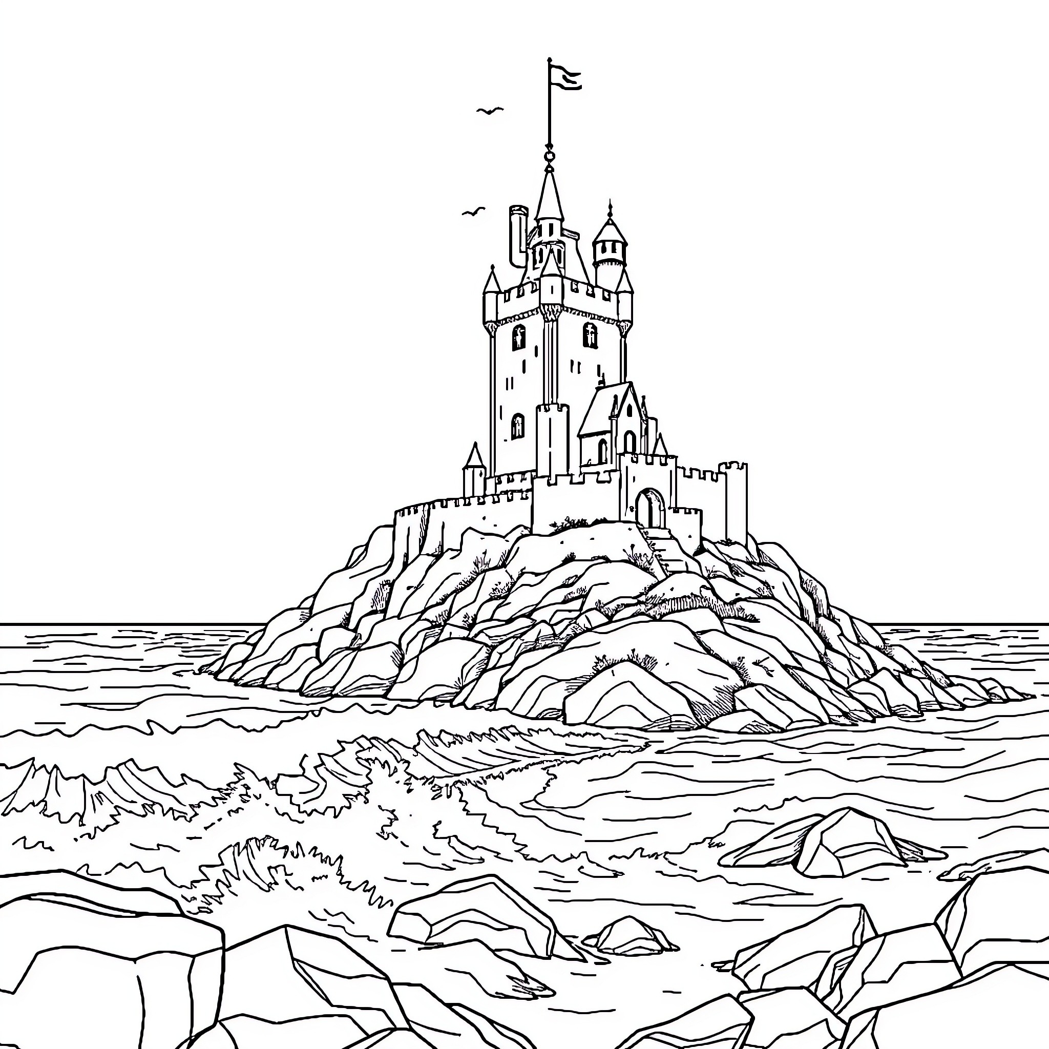 Castle set on a rocky island in the sea Coloring Page (free black-and-white line drawing printable PDF for all, from beginners to advanced learners, including children, teens, adults, and seniors)