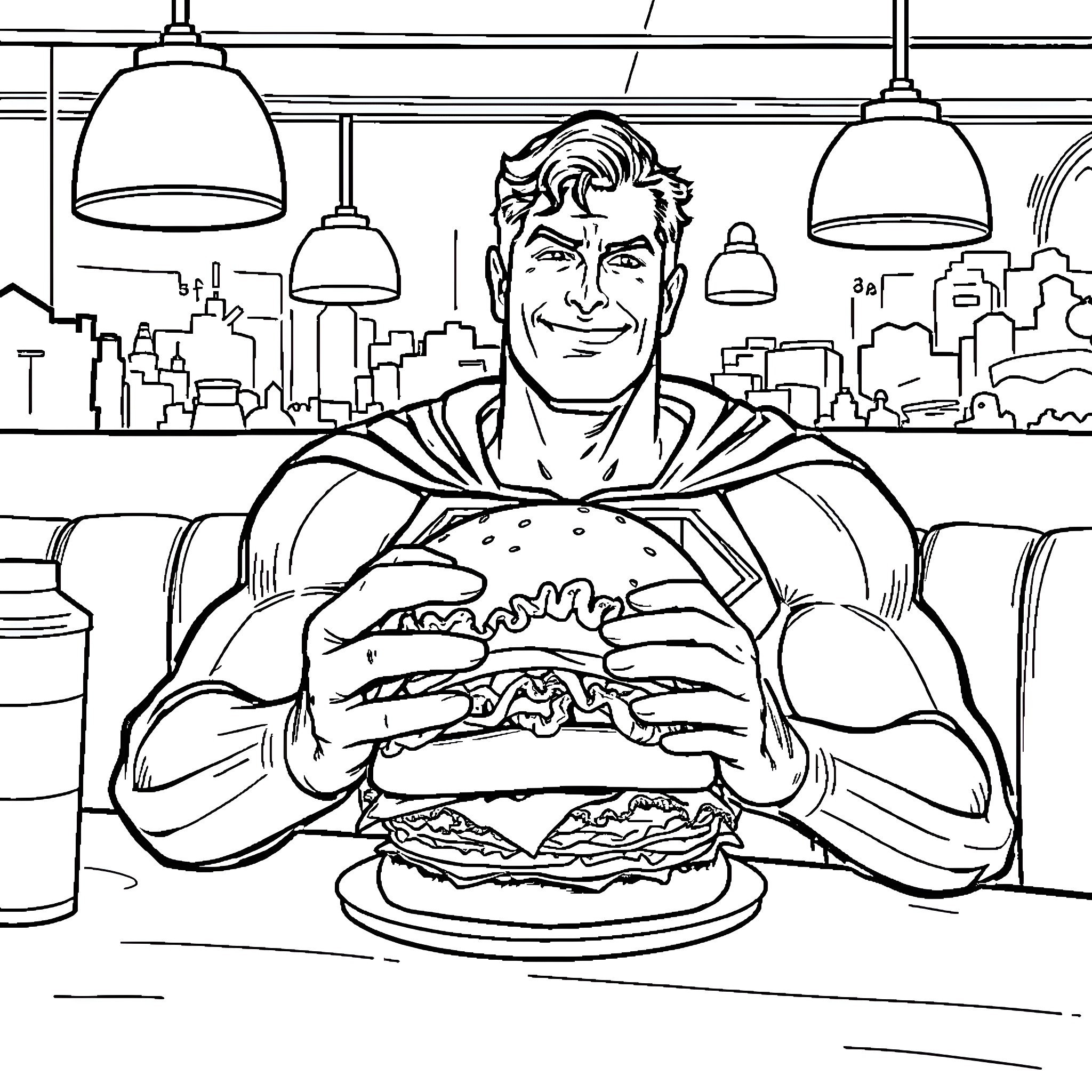 Superman Enjoying a Hearty Meal in the City Coloring Page (free black-and-white line drawing printable PDF for all, from beginners to advanced learners, including children, teens, adults, and seniors)
