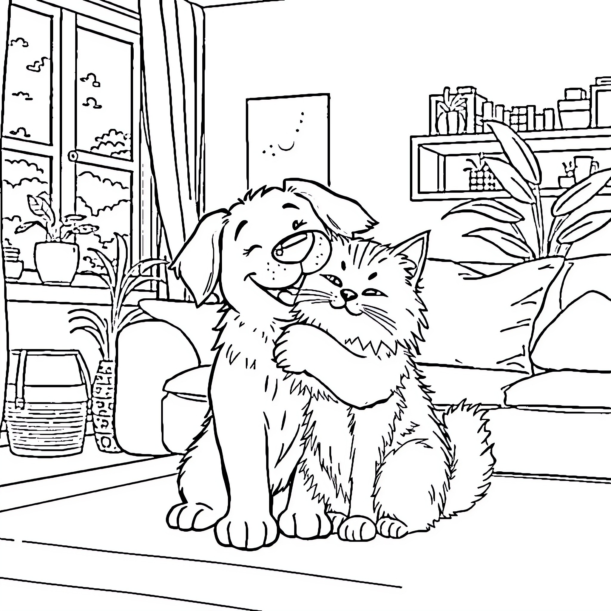 Dog and Cat Sitting Together in a Cozy Room Coloring Page (free black-and-white line drawing printable PDF for all, from beginners to advanced learners, including children, teens, adults, and seniors)