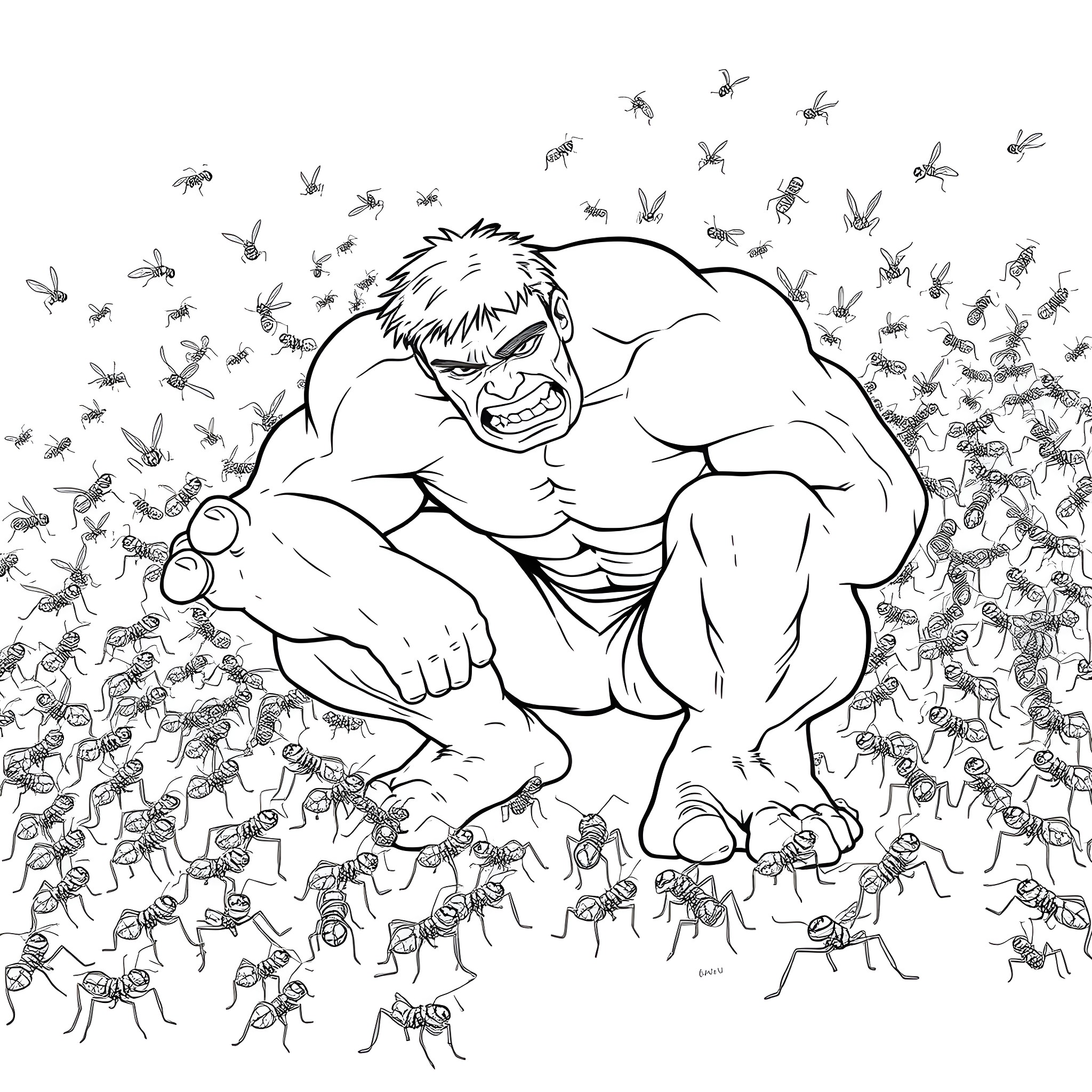 Hulk surrounded by a swarm of angry insects Coloring Page (free black-and-white line drawing printable PDF for all, from beginners to advanced learners, including children, teens, adults, and seniors)