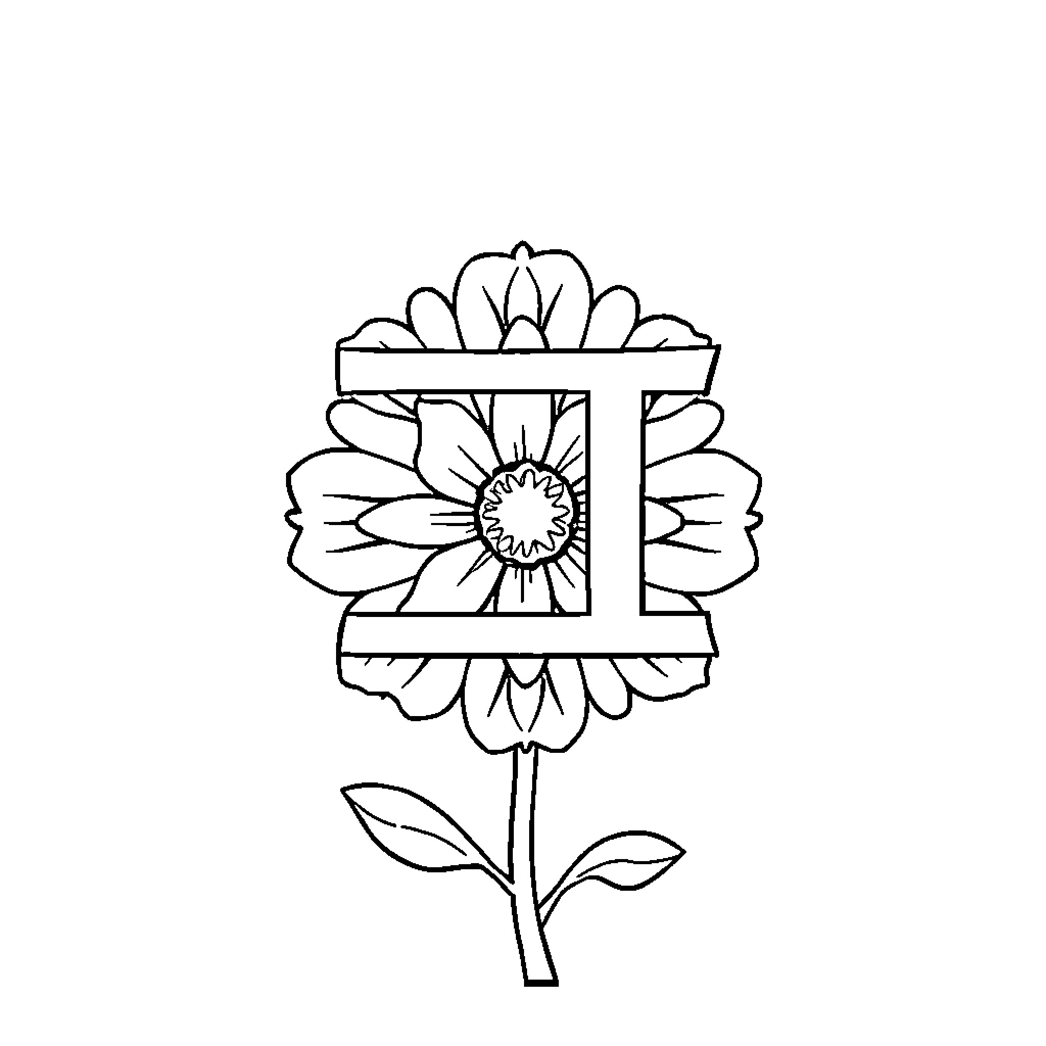 Letter with Floral Design and Stem Coloring Page (free black-and-white line drawing printable PDF for all, from beginners to advanced learners, including children, teens, adults, and seniors)