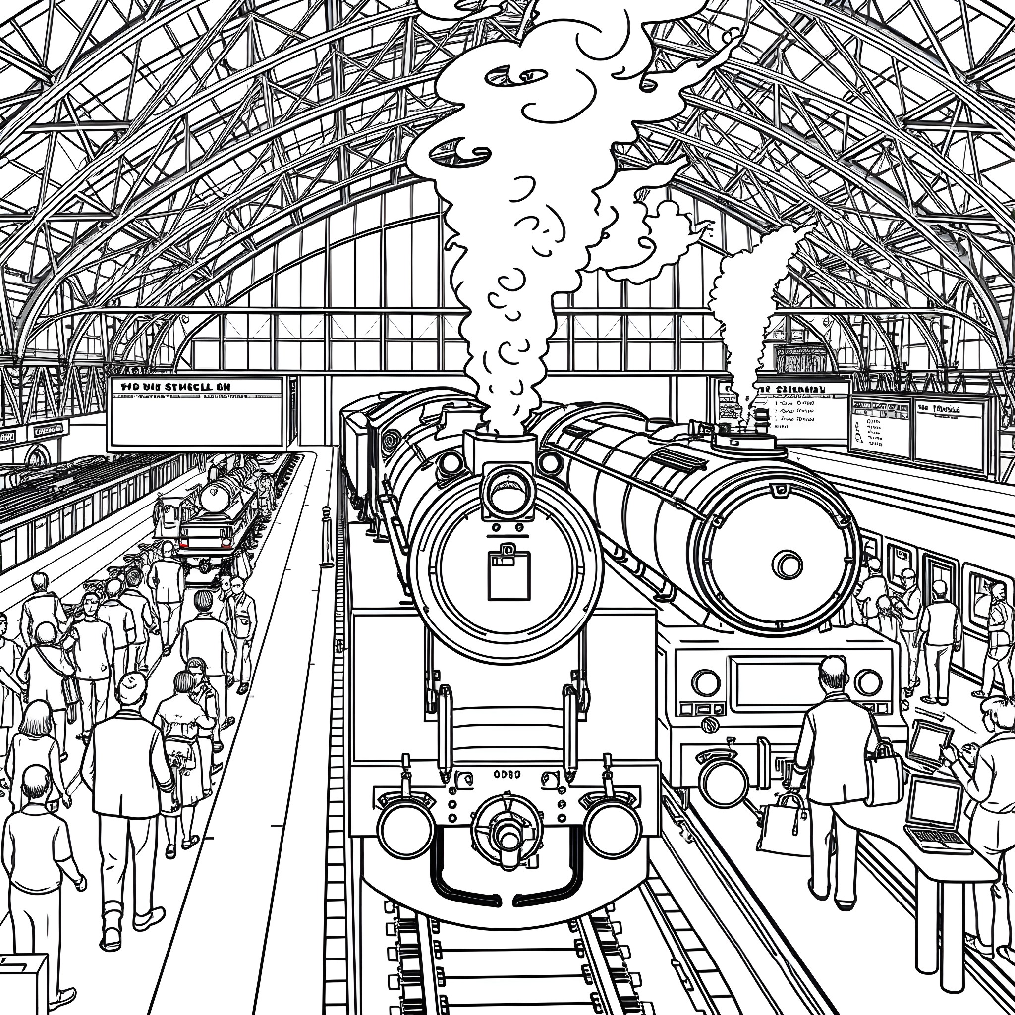 Train Station Scene with Passengers and Steam Locomotive Coloring Page (free black-and-white line drawing printable PDF for all, from beginners to advanced learners, including children, teens, adults, and seniors)