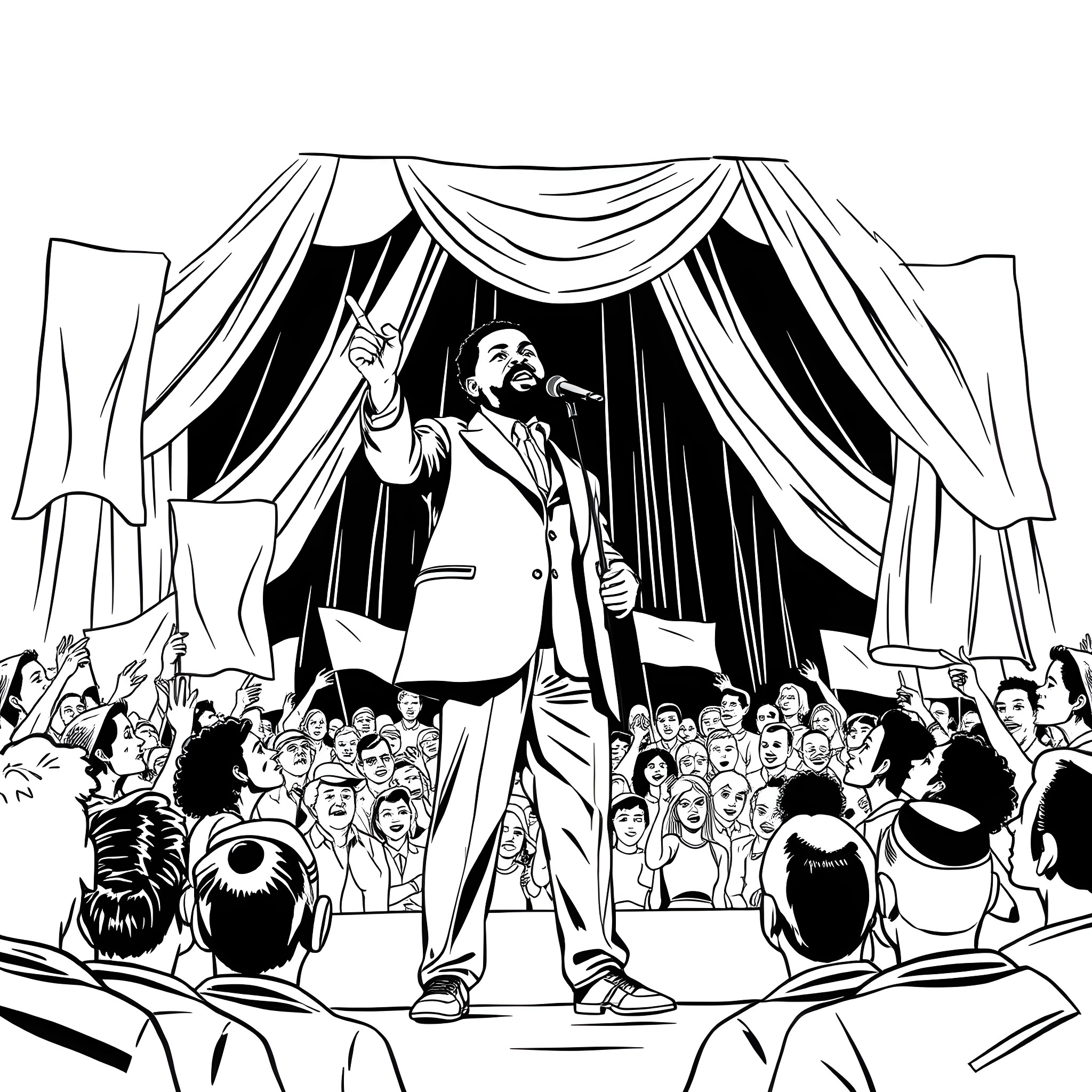 Marcus Garvey addressing a crowd at a rally Coloring Page (free black-and-white line drawing printable PDF for all, from beginners to advanced learners, including children, teens, adults, and seniors)