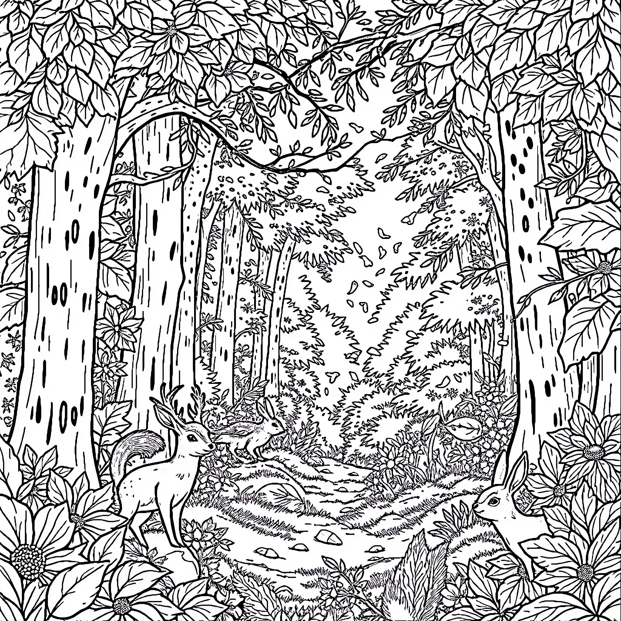 Forest Animals in Serene Woodland Setting Coloring Page (free black-and-white line drawing printable PDF for all, from beginners to advanced learners, including children, teens, adults, and seniors)