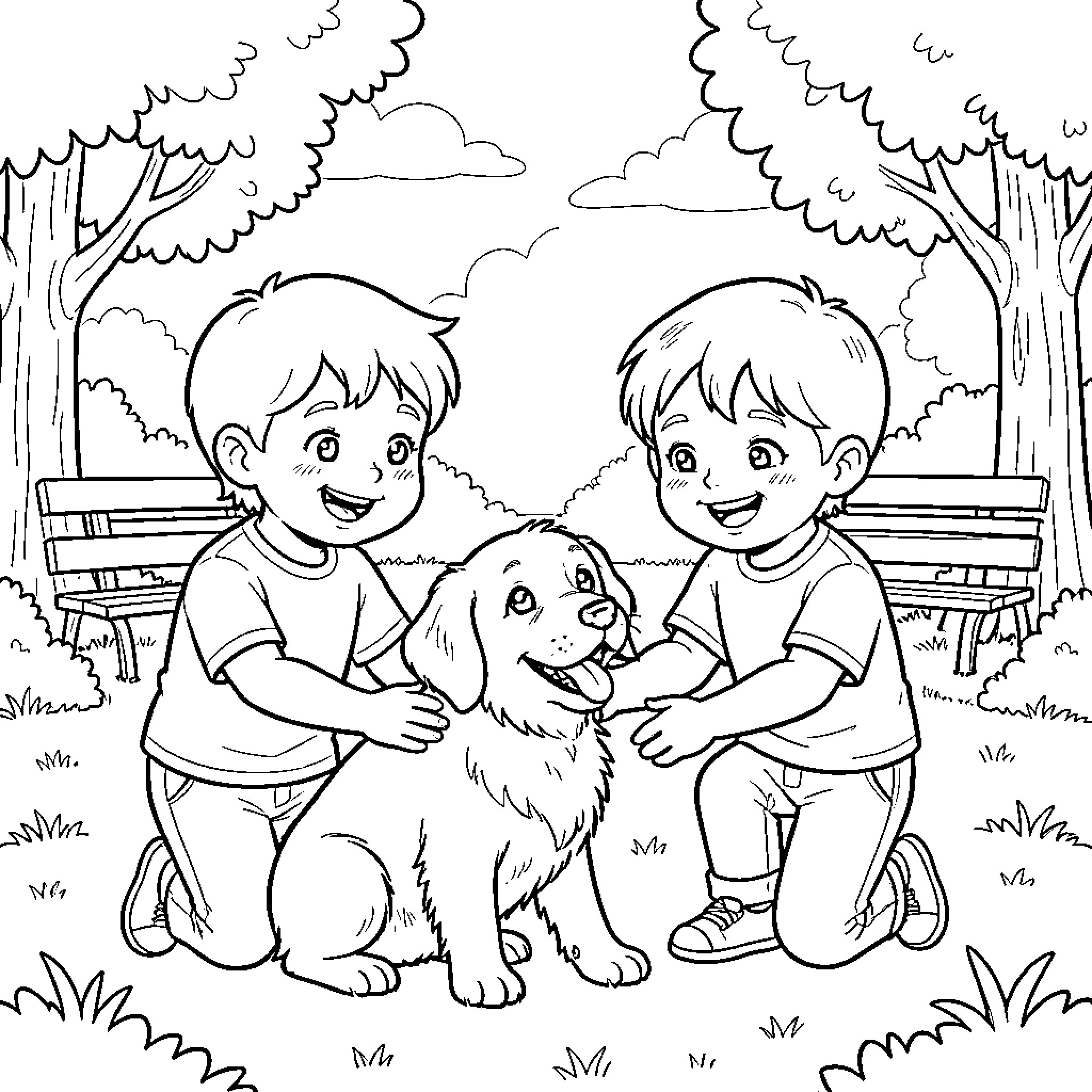 Child playing happily with pet dog in park Coloring Page (free black-and-white line drawing printable PDF for all, from beginners to advanced learners, including children, teens, adults, and seniors)