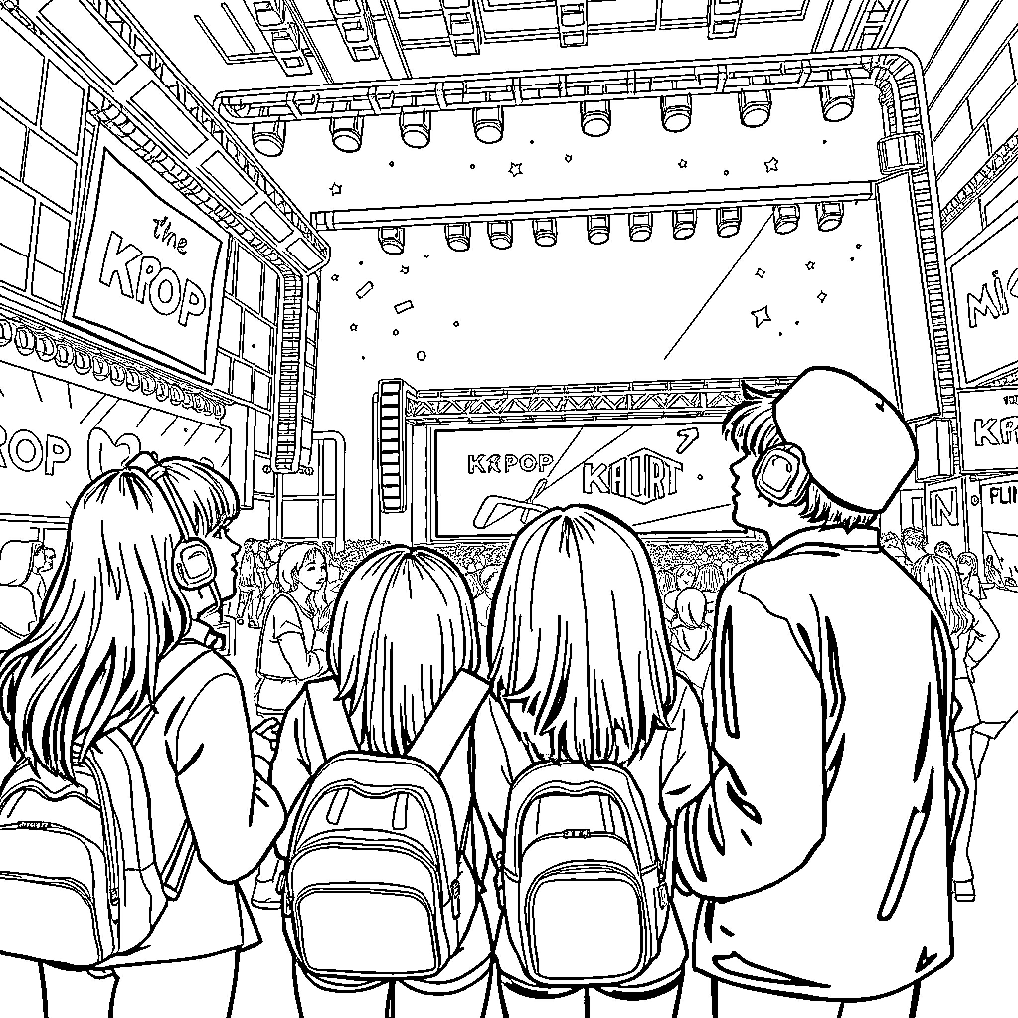 K-pop Hunter: Fans Eagerly Await the Concert Coloring Page (free black-and-white line drawing printable PDF for all, from beginners to advanced learners, including children, teens, adults, and seniors)