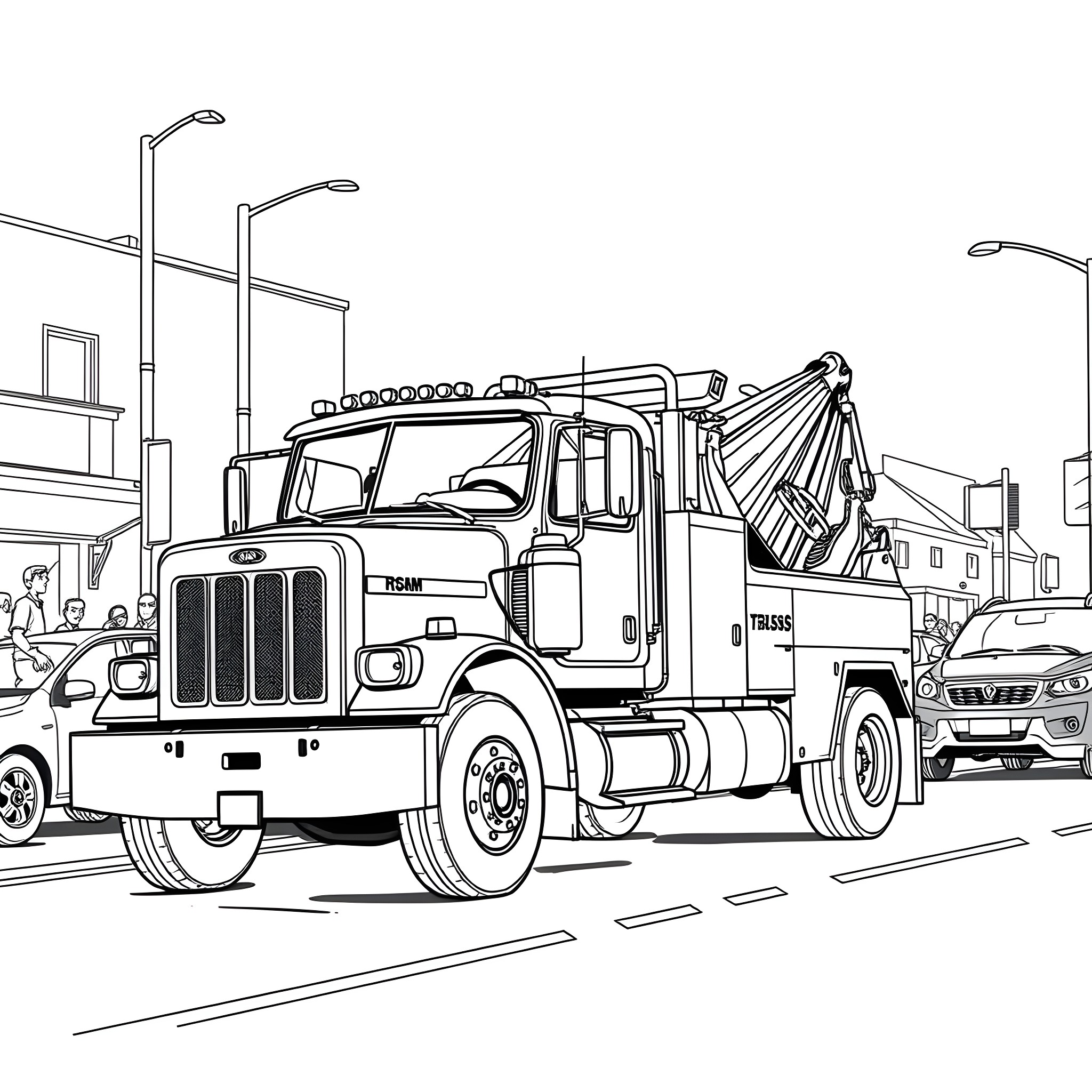 Tow Truck Assisting with Disabled Vehicle on Busy Street Coloring Page (free black-and-white line drawing printable PDF for all, from beginners to advanced learners, including children, teens, adults, and seniors)
