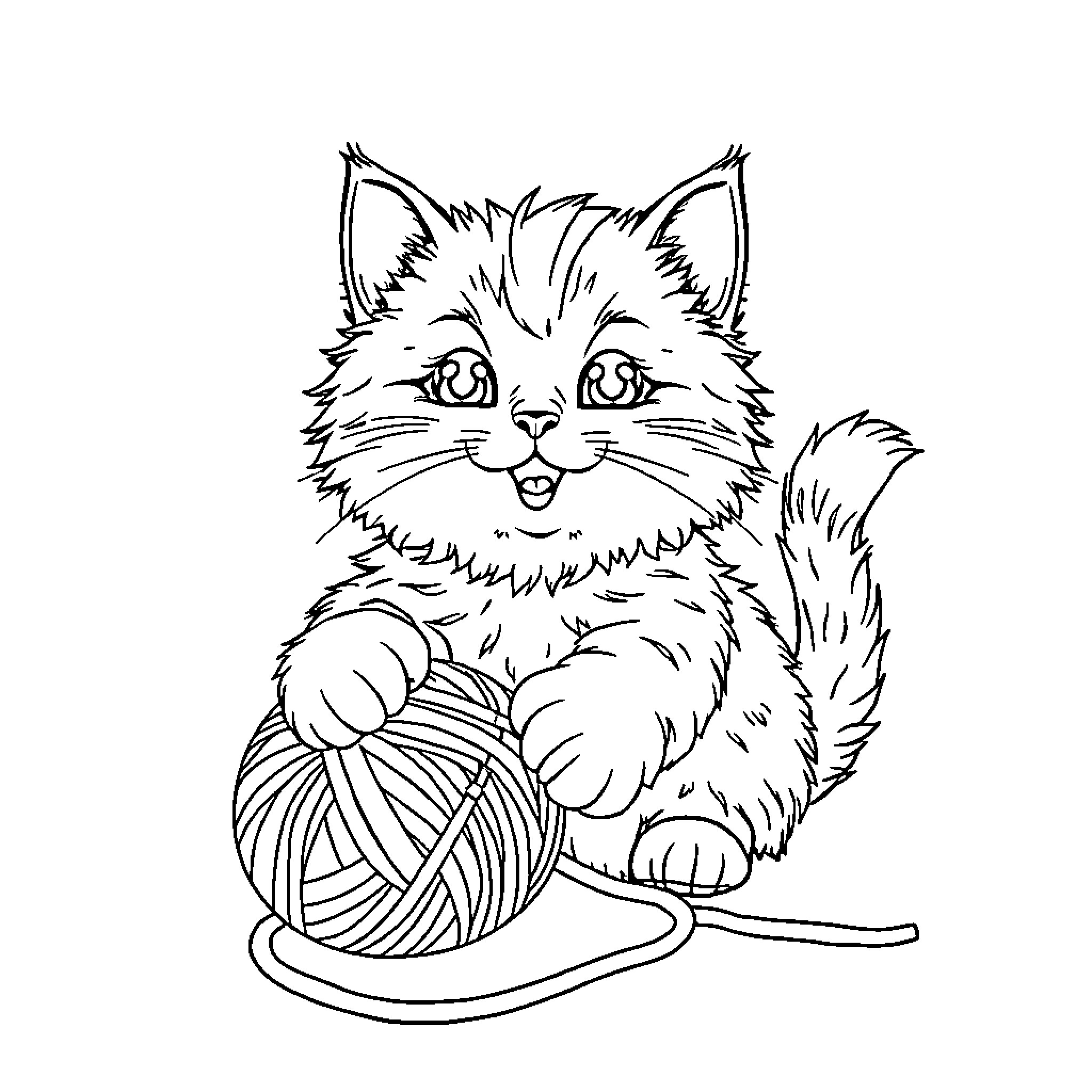 Cat playing with yarn ball Coloring Page (free black-and-white line drawing printable PDF for all, from beginners to advanced learners, including children, teens, adults, and seniors)