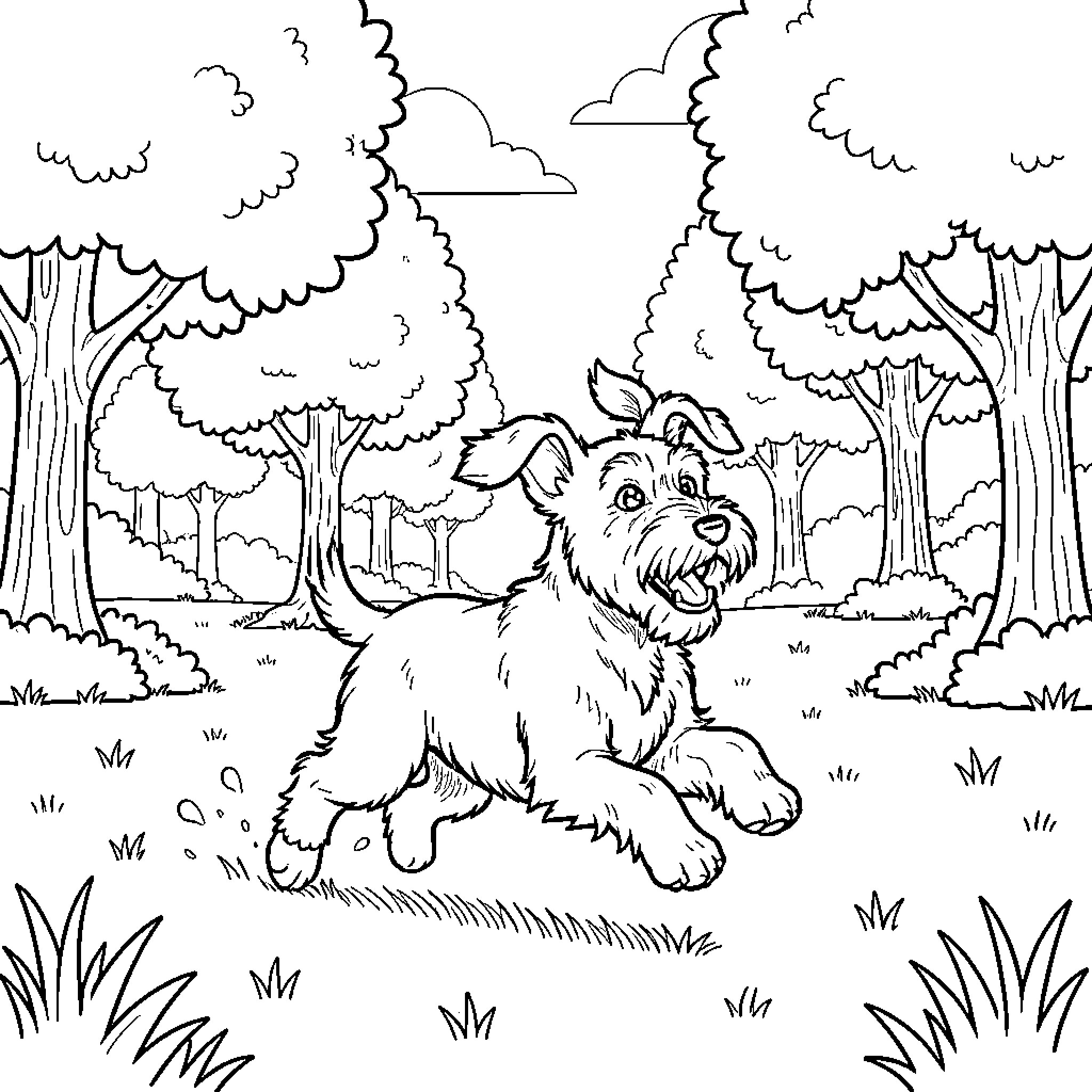 Schnauzer running joyfully through a wooded park Coloring Page (free black-and-white line drawing printable PDF for all, from beginners to advanced learners, including children, teens, adults, and seniors)