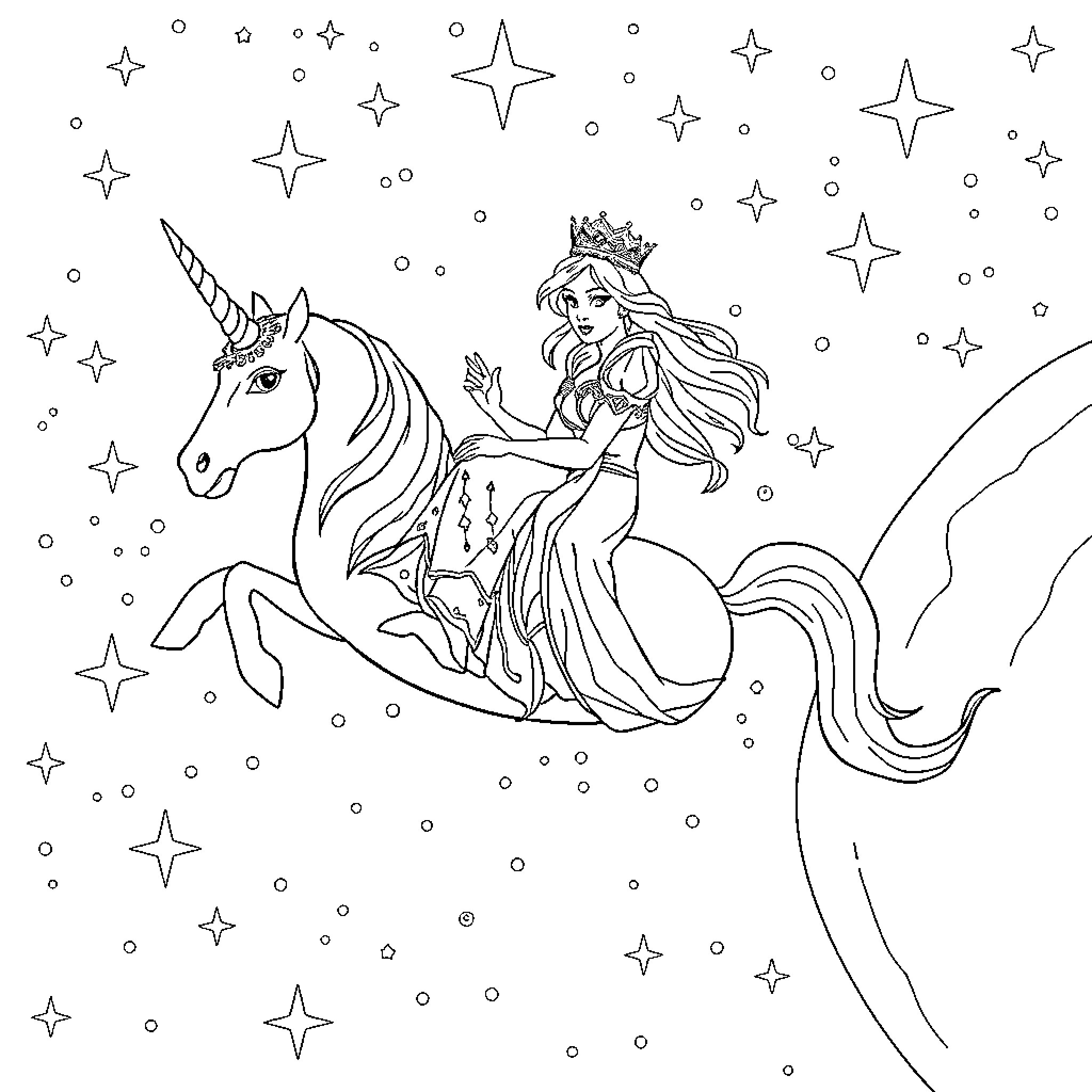 Queen riding a magical unicorn in the starry night Coloring Page (free black-and-white line drawing printable PDF for all, from beginners to advanced learners, including children, teens, adults, and seniors)